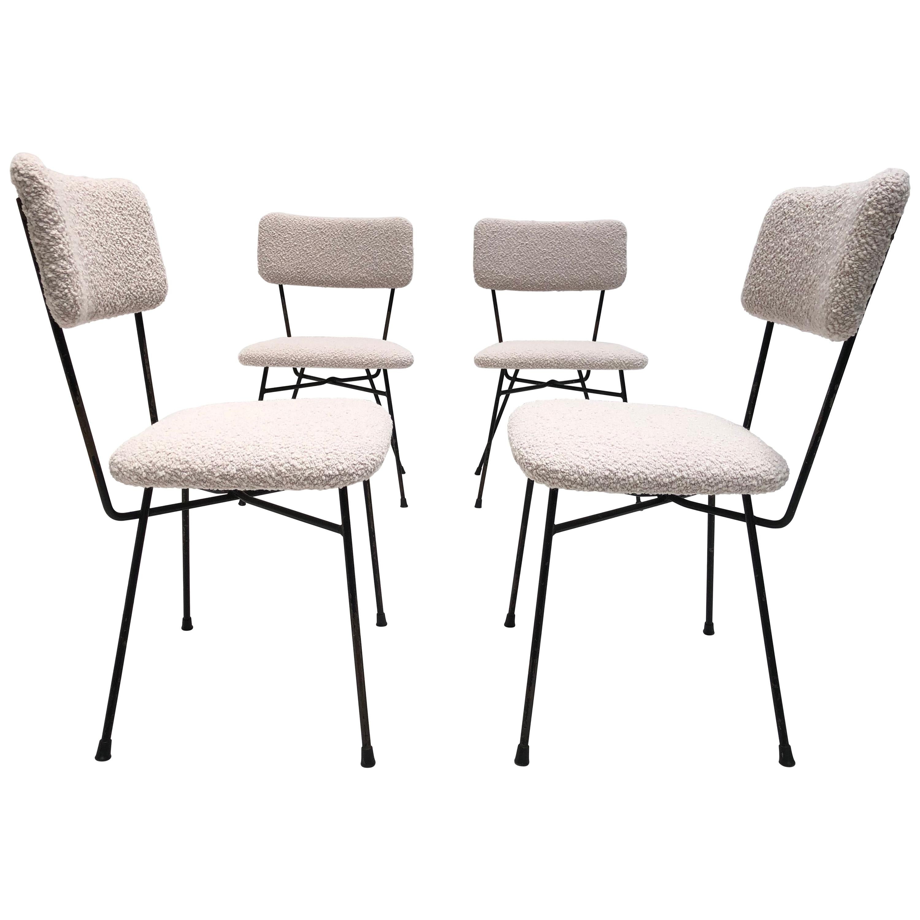 4 Dining Chairs by Pizzetti Rome Italy 1950s, New Wool Boucle Upholstery For Sale