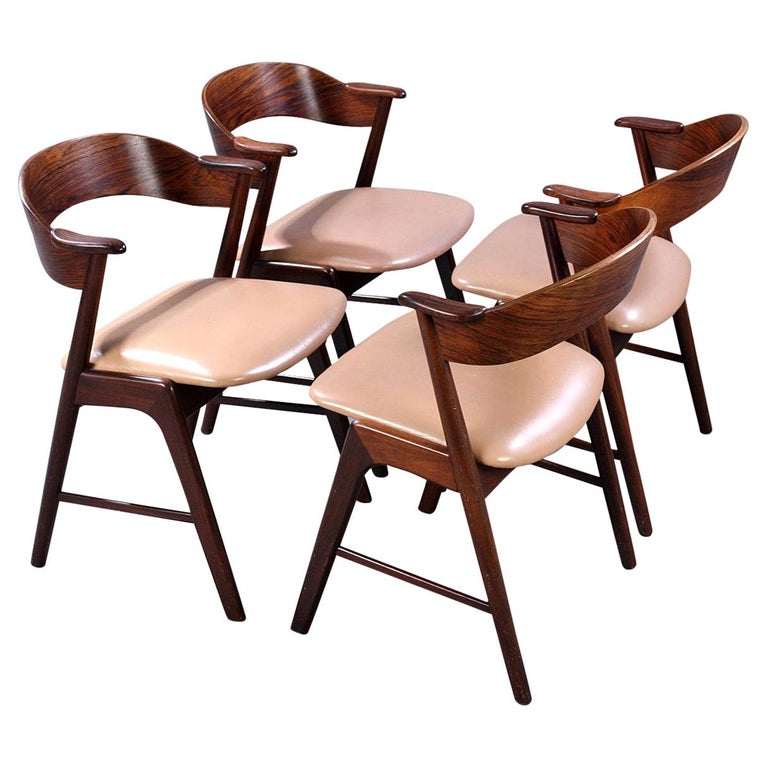4 Dining Chairs, Leather Seats, Rosewood, Midcentury For Sale at