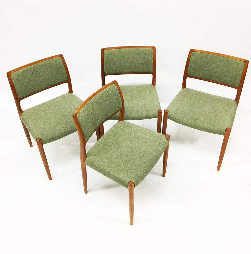 4 Dining chairs model 80 by Niels Otto Møller for J.L. Møller-Højbjerg, Denmark

Teak chairs with fabric wool upholstery
Model 80, 1970s
Marked in the wooden frame under the seat

The measurements are 78 cm high, 50 cm wide and the depth is 43