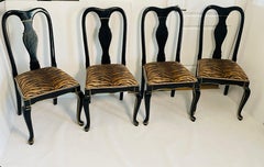 4 Dining Chairs Queen Ann Style Black Lacquer Tapestry