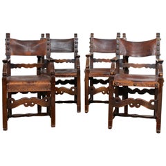4 Dining Chairs Ships Nautical Chairs Oak Leather, 19th Century