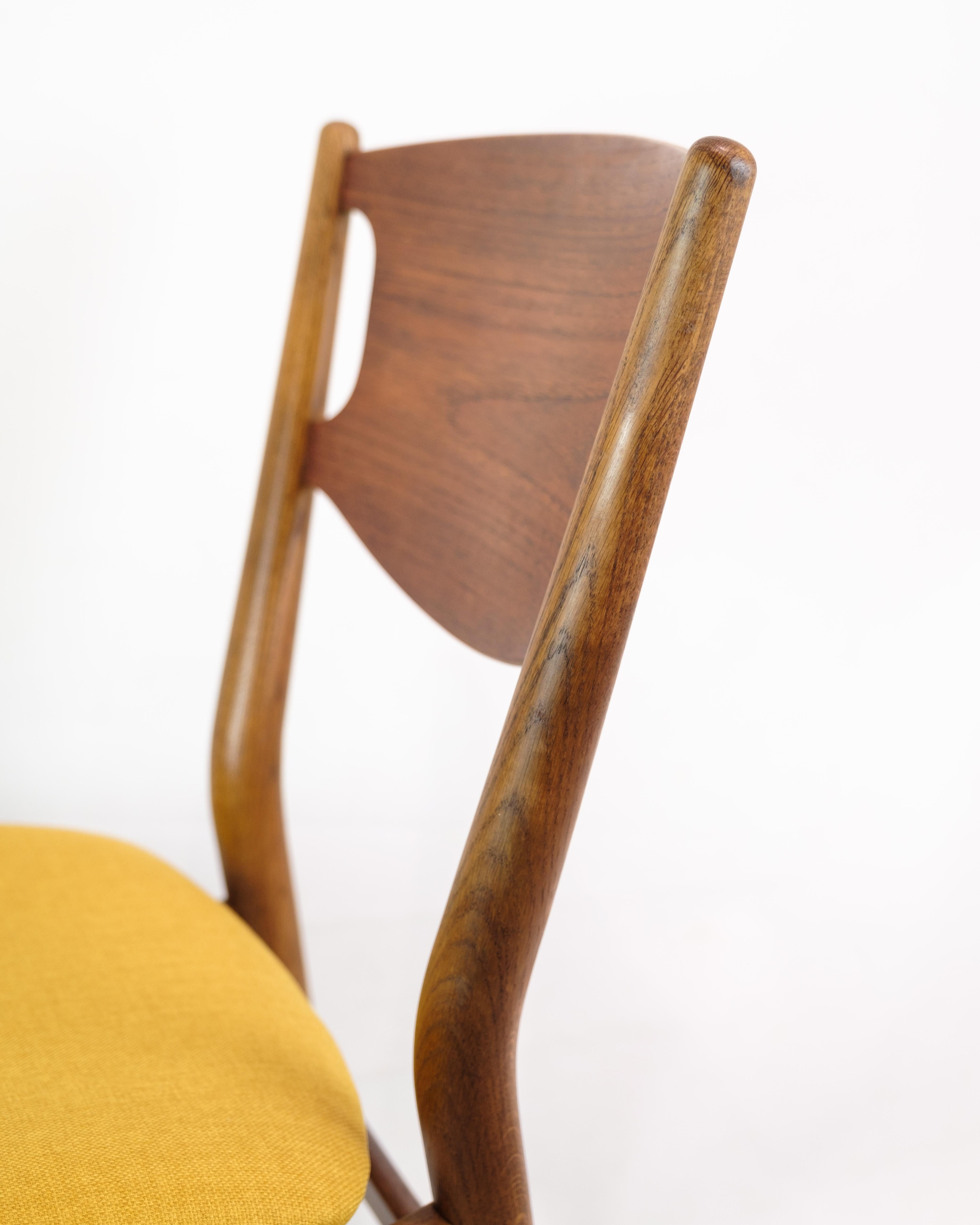 Set of four dining chairs, designed by a Danish master carpenter in teak wood with yellow fabric cover from around the 1960s.

This product will be inspected thoroughly at our professional workshop by our educated employees, who assure the product