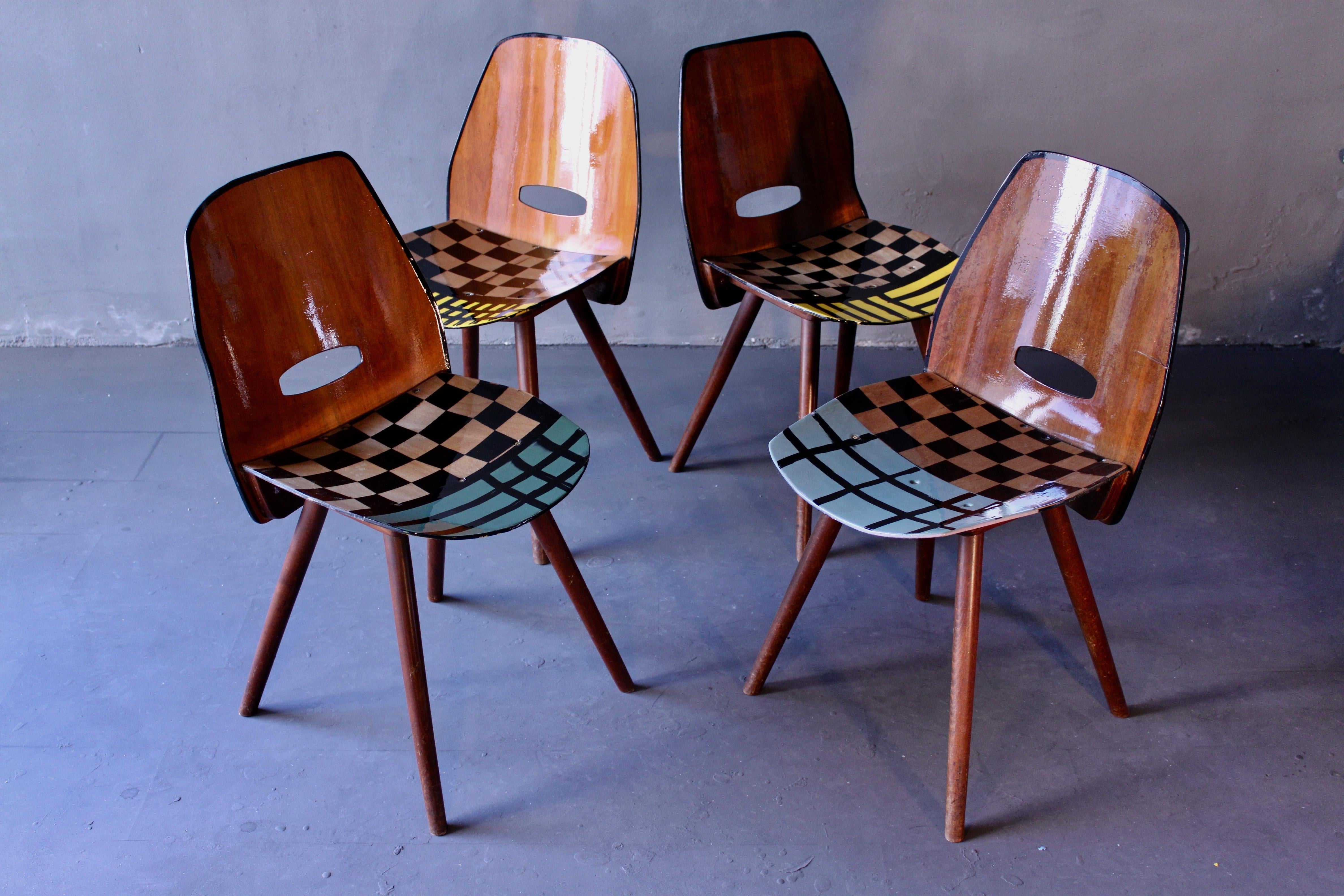 Czech design set of 4 chairs, re-worked and contemporized by Atelier Staab. Painted, multi-lacquered. Functional Art, Art Design, Contemporary Furniture. In the manner of Marten Baas, Bauhaus, DeCotis, Joaquim Tenreiro, Lúcio Costa, Fernando