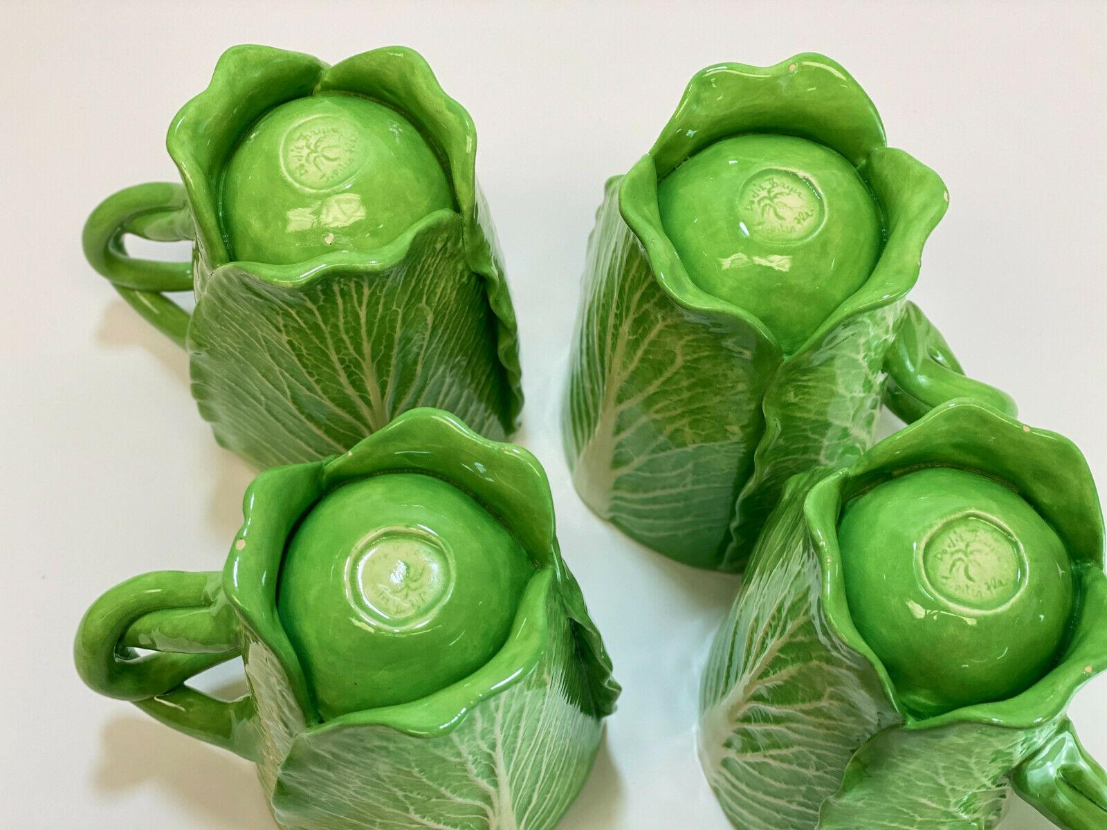 Description: 4 Dodie Thayer Jupiter lettuce leaf earthenware porcelain handcrafted mugs. Signed 