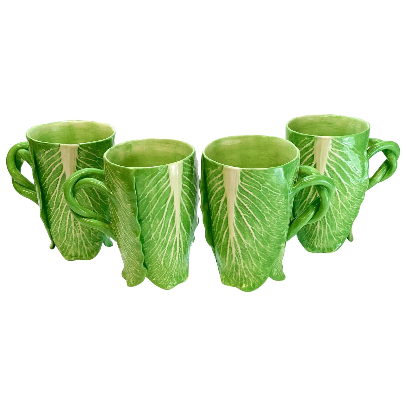 4 Dodie Thayer Jupiter Lettuce Leaf Earthenware Porcelain Hand Crafted Mugs For Sale