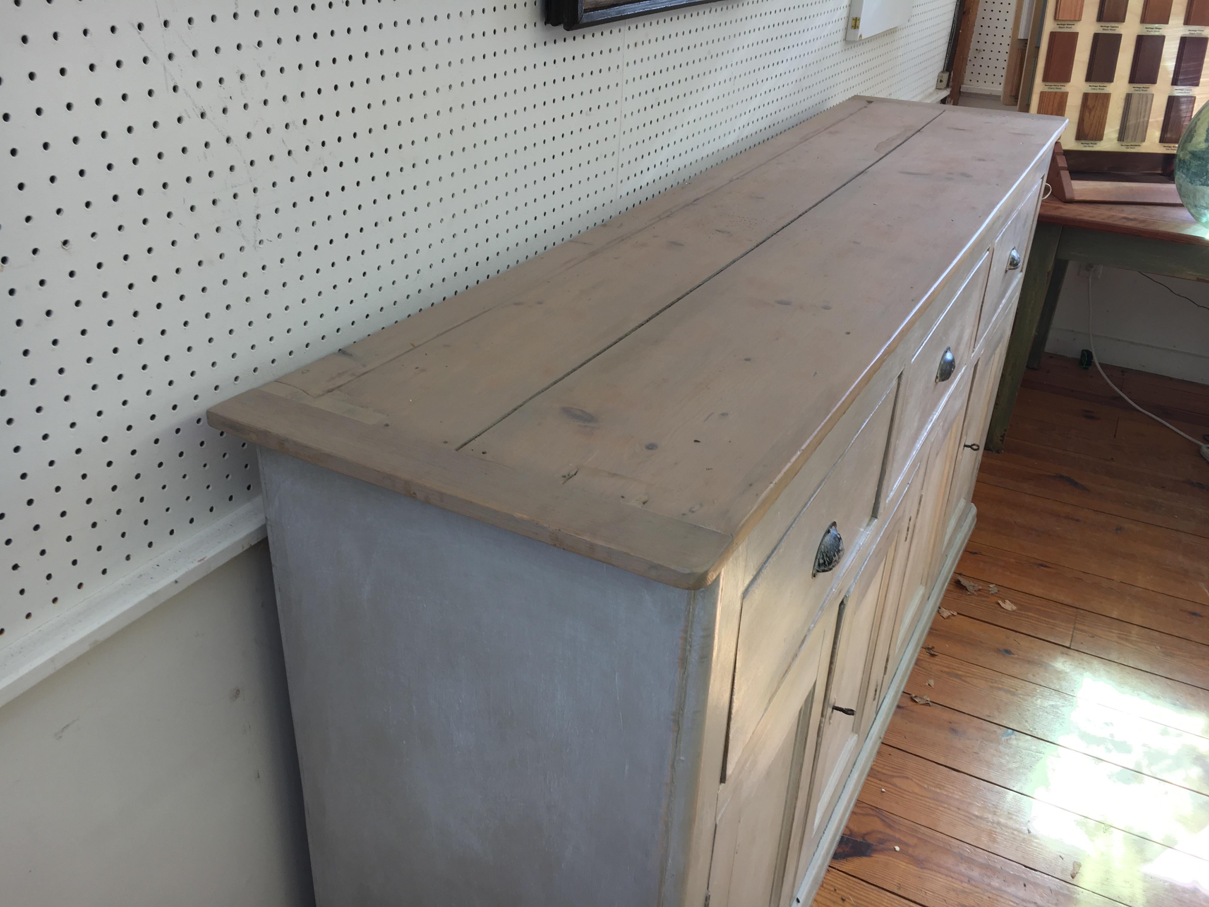 4-Door, 3-Drawer English Base with Scrubbed Pine Top In Good Condition In Sheffield, MA