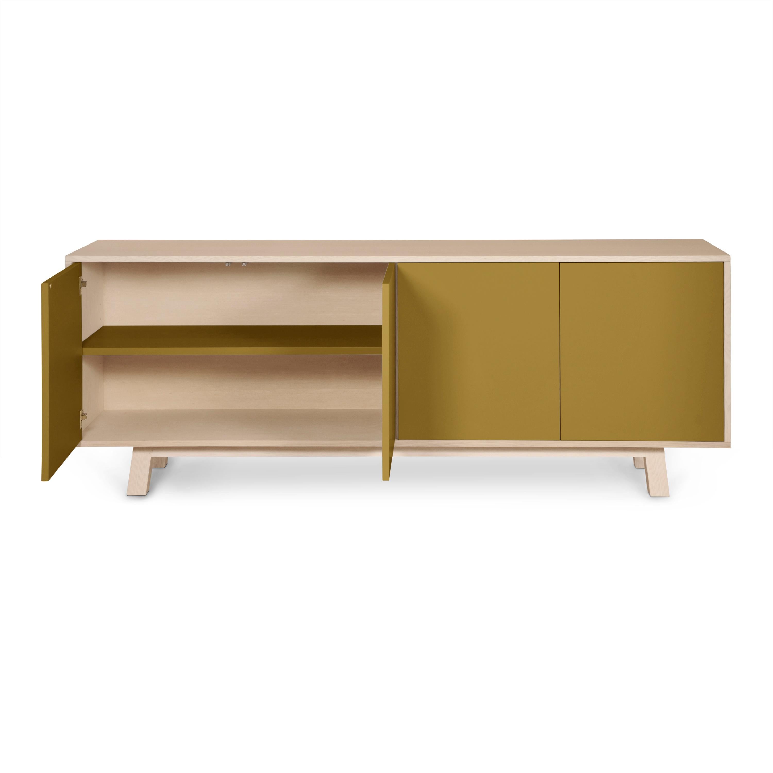 Contemporary 4-Door Low Sideboard in Pefc-Certified Ash Wood, 11 Colors Available For Sale