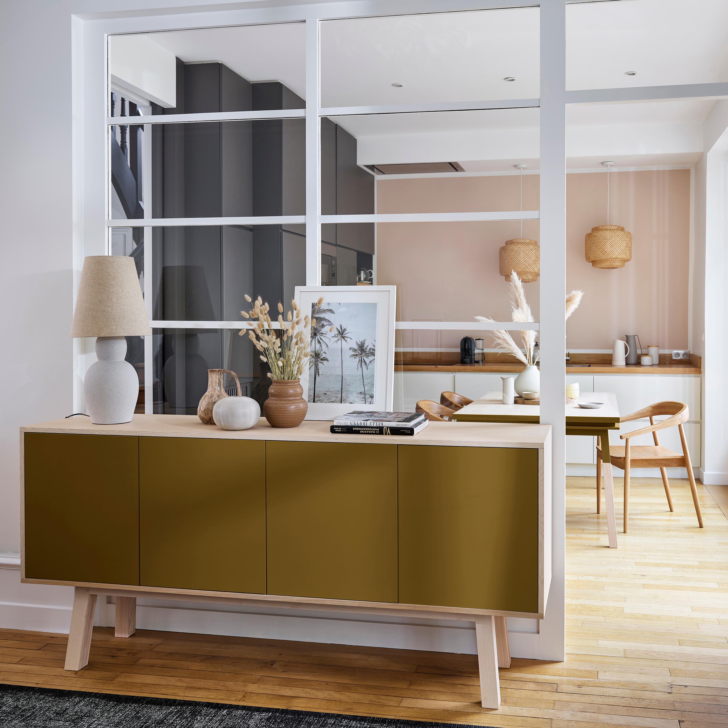 This 4 doors sideboard is designed by Eric Gizard - Paris and delivered fully mounted.

It is 100% made in France with solid ash wood for the base, feet and shelves. Veneer ash is used for the wooden bos box itself. The lacquered doors are made of