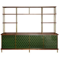 4 Door Strata Credenza in Walnut Wood and Brass by Fort Standard, in Stock