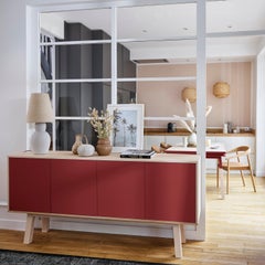 French 4-Door Red Scandinavian Design High Sideboard, by Eric Gizard Paris