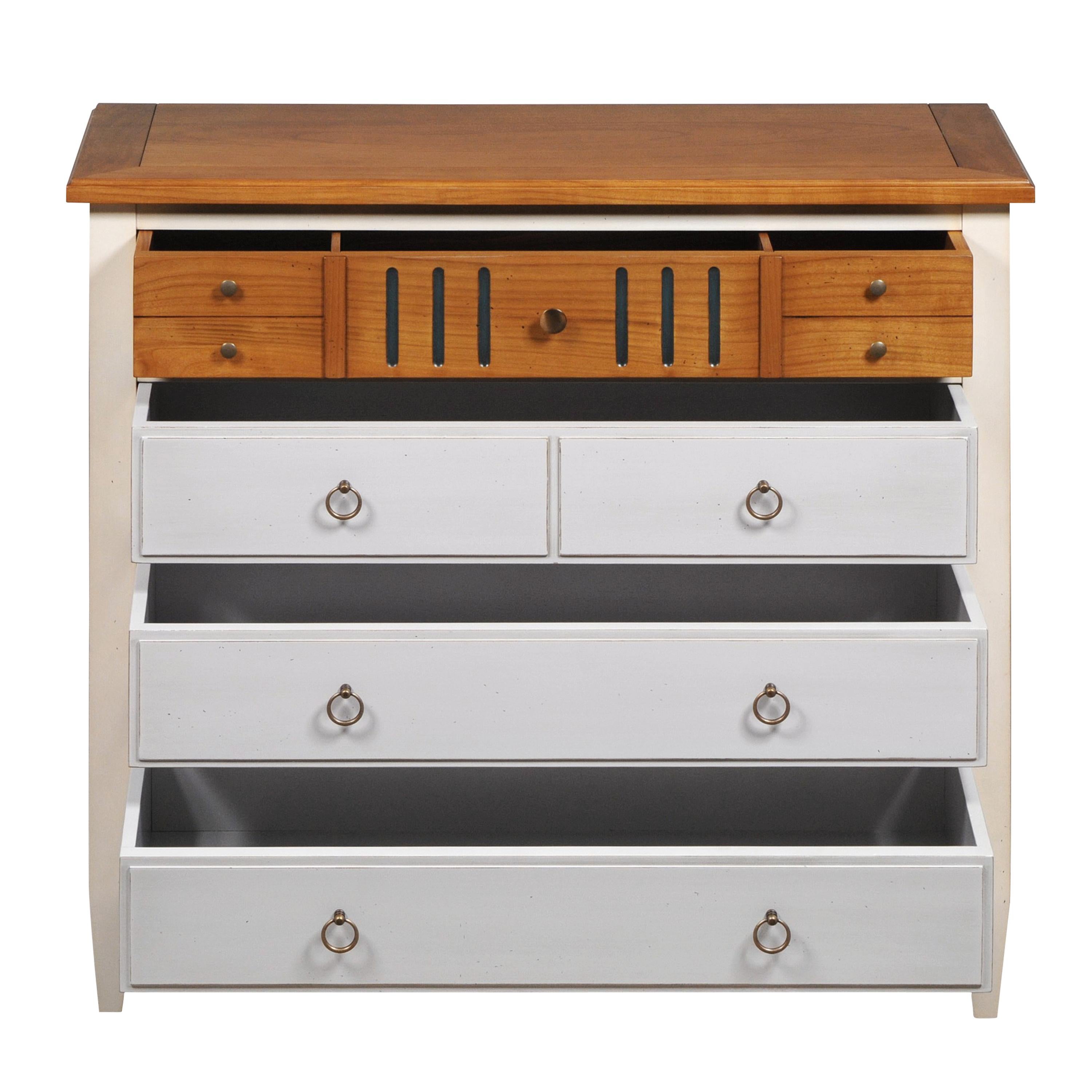 This 4 drawer chest is a handmade reproduction of the French Directoire style at the end of the 18th century. This period is remarkable for its straight, classical and timeless lines. This chest of draws is painted with a French Countryside touch