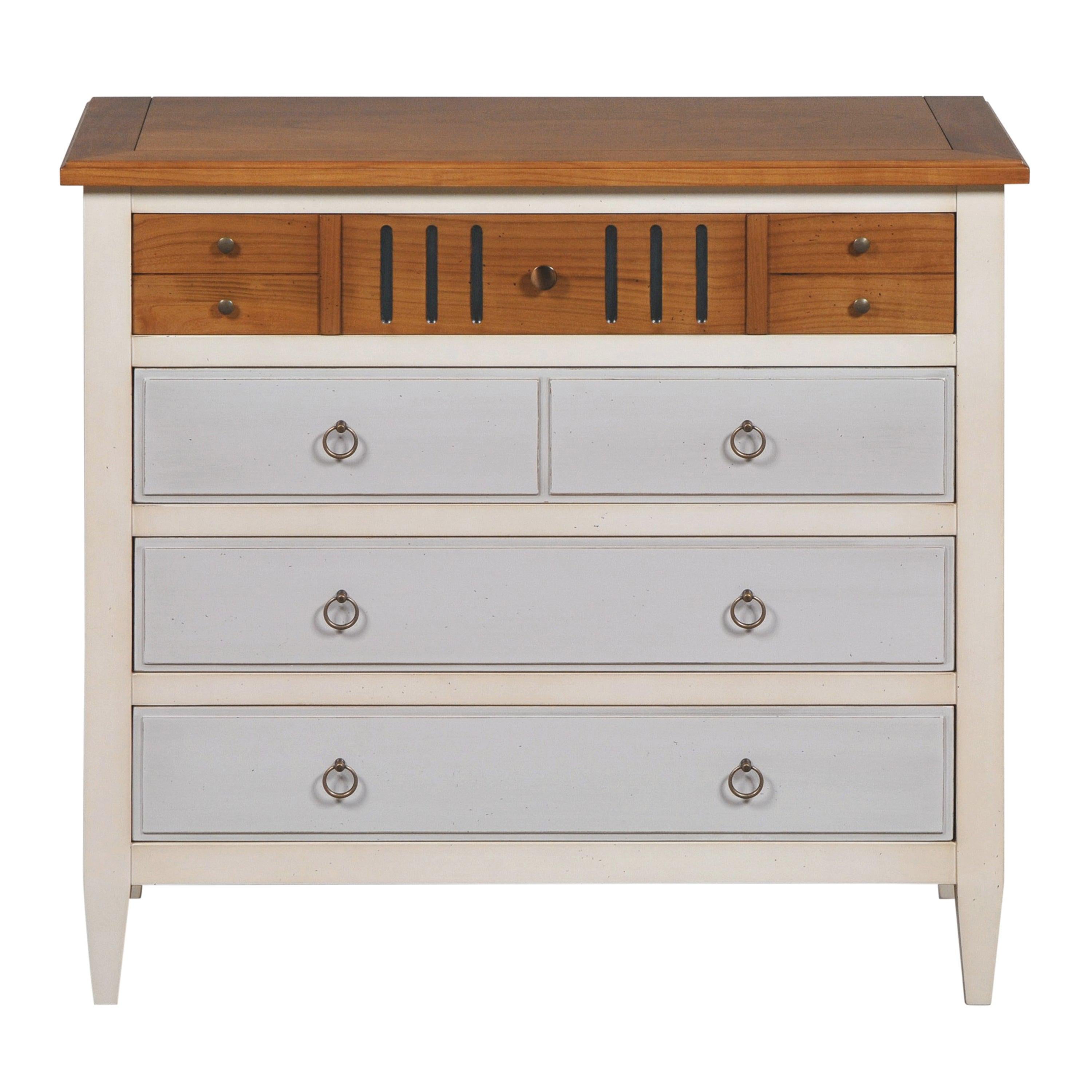 Directoire 4 Drawer Chest in solid Cherry,  white and grey lacquers, wood stain For Sale