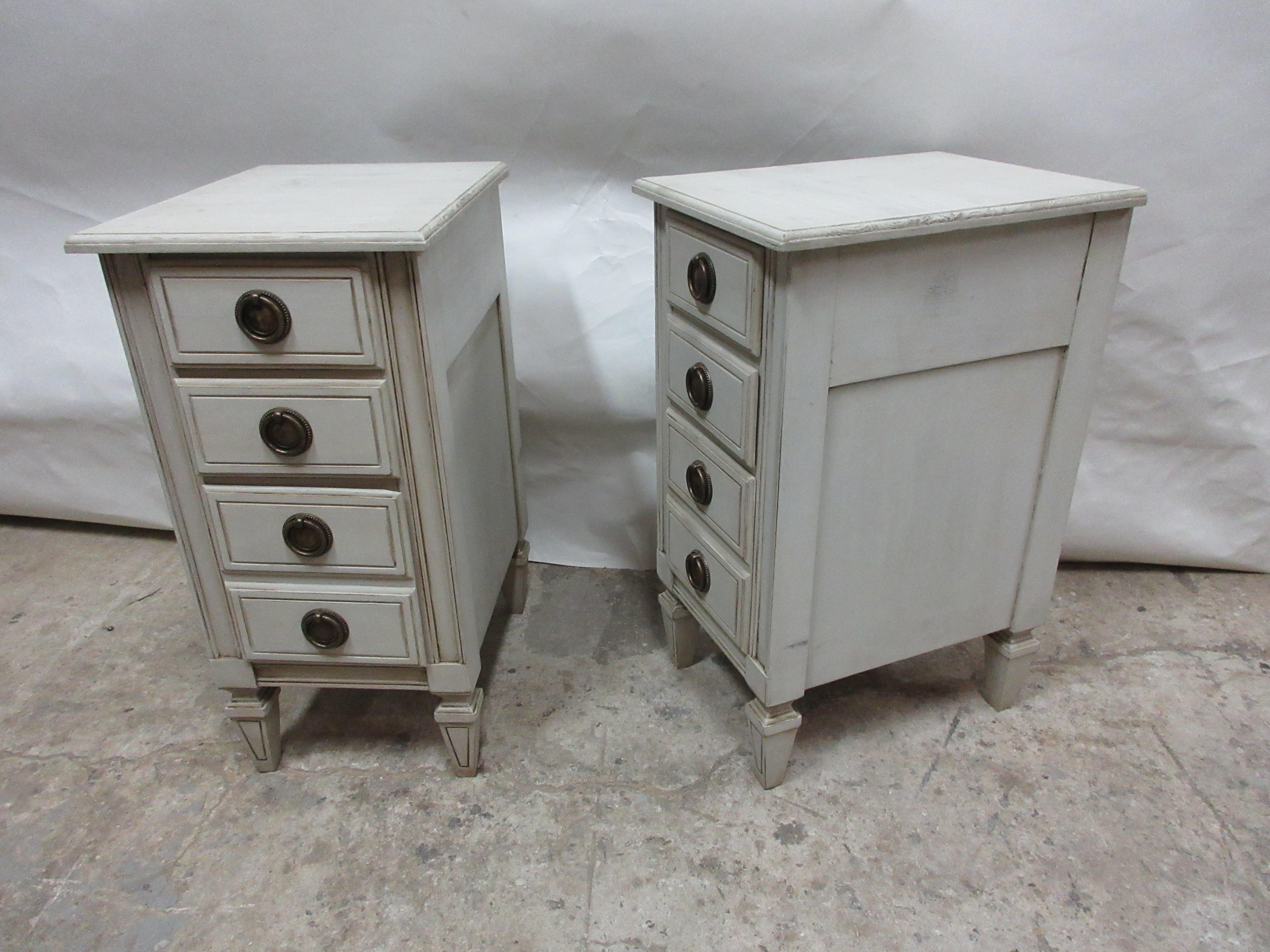 This is a set of 2, 4-drawer Gustavian nightstands. They have been restored and repainted with milk paints 