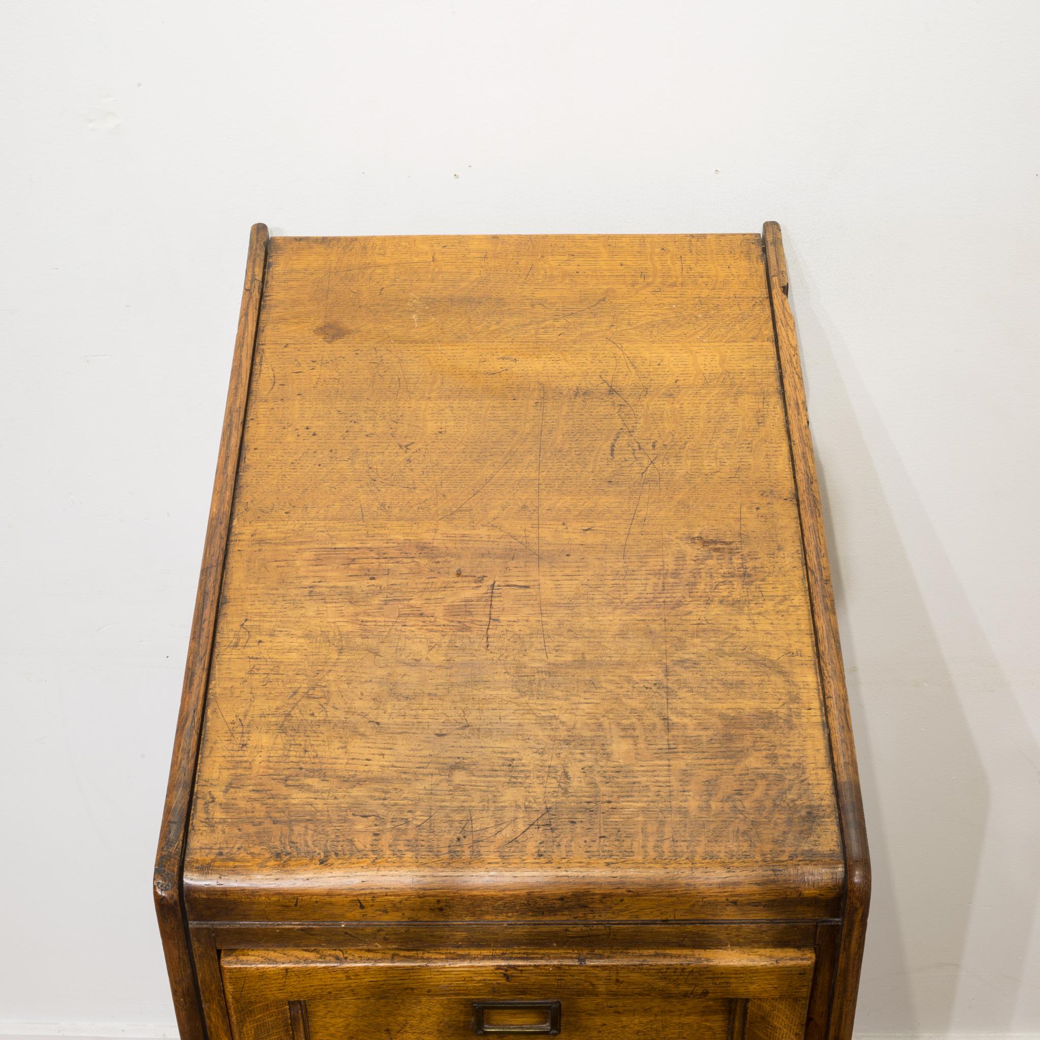 Brass 4-Drawer Oak File Cabinet, circa 1930