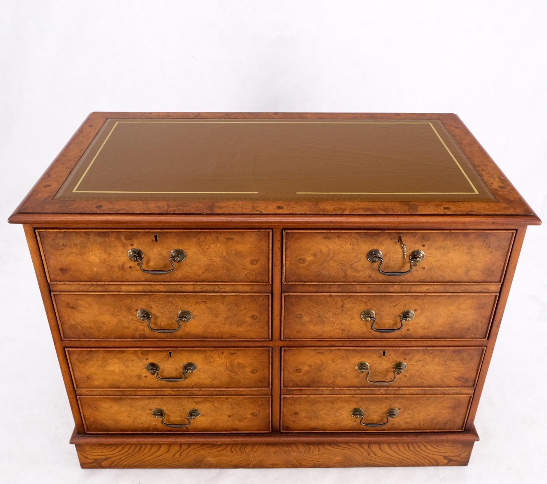 4 Drawers Embossed Leather Top Burl Wood File Cabinet Credenza w/ Key MINT For Sale 6