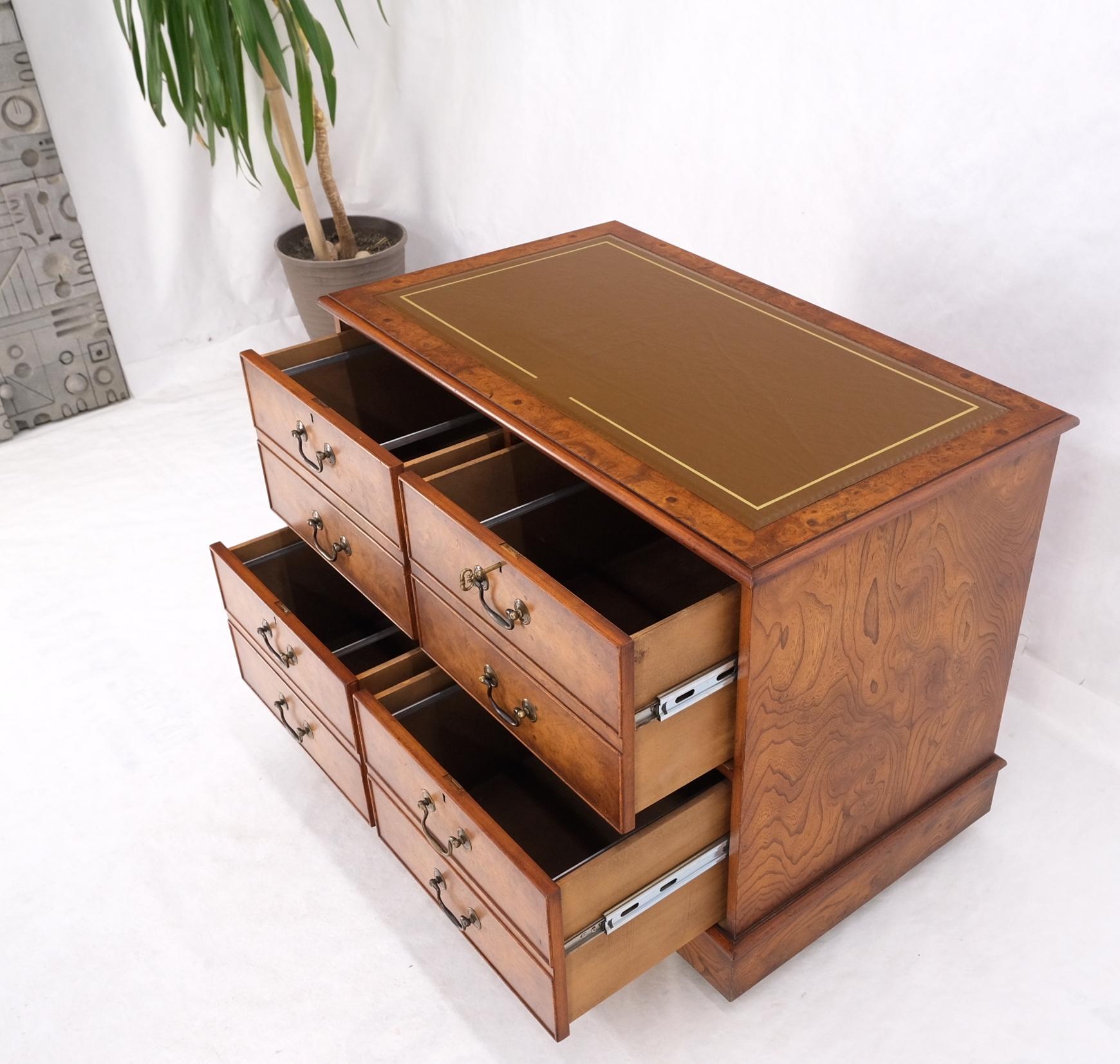 Brass pulls 4 drawers embossed leather top burl wood file cabinet credenza w/ key MINT!.