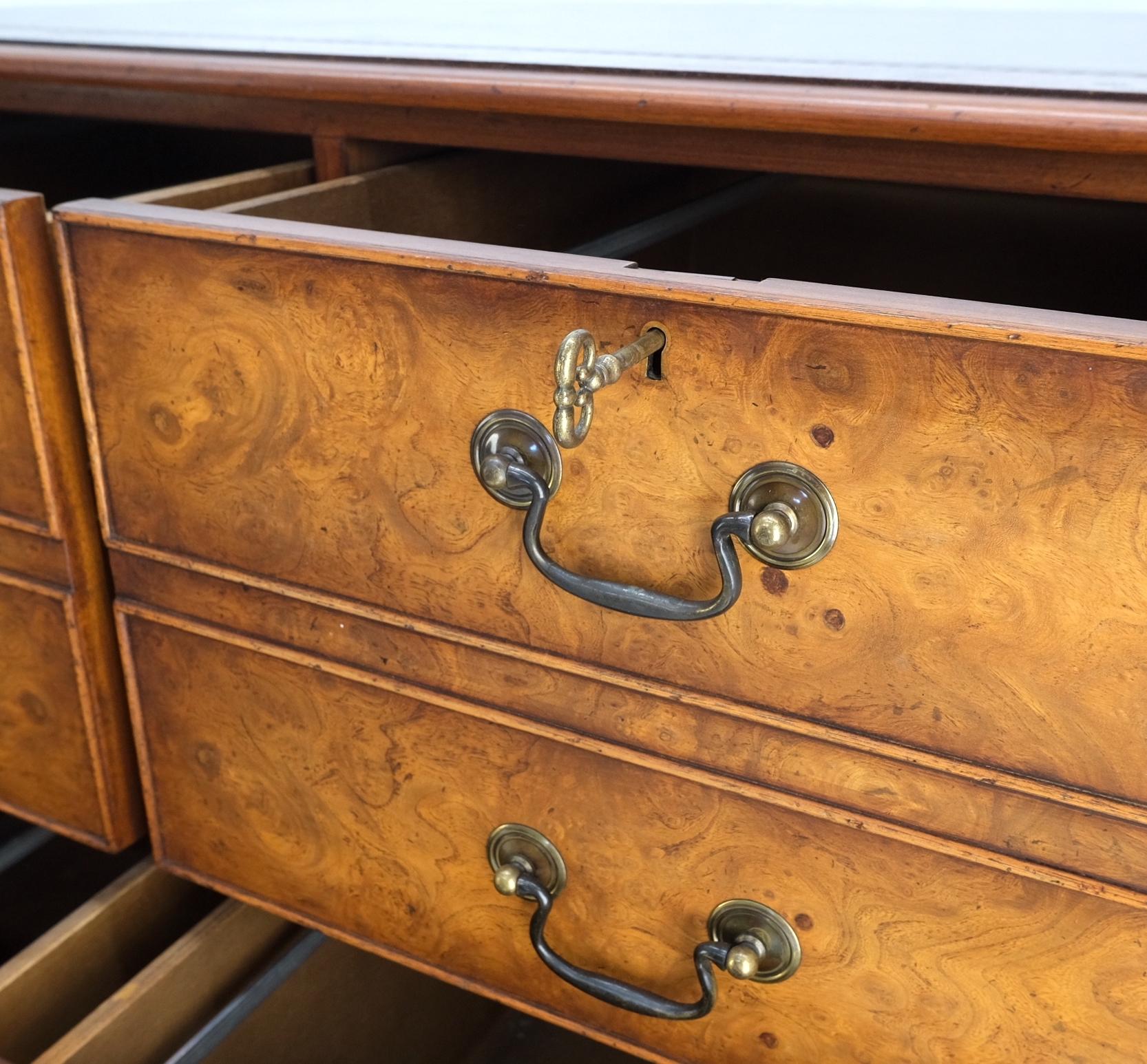Mid-Century Modern 4 Drawers Embossed Leather Top Burl Wood File Cabinet Credenza w/ Key MINT