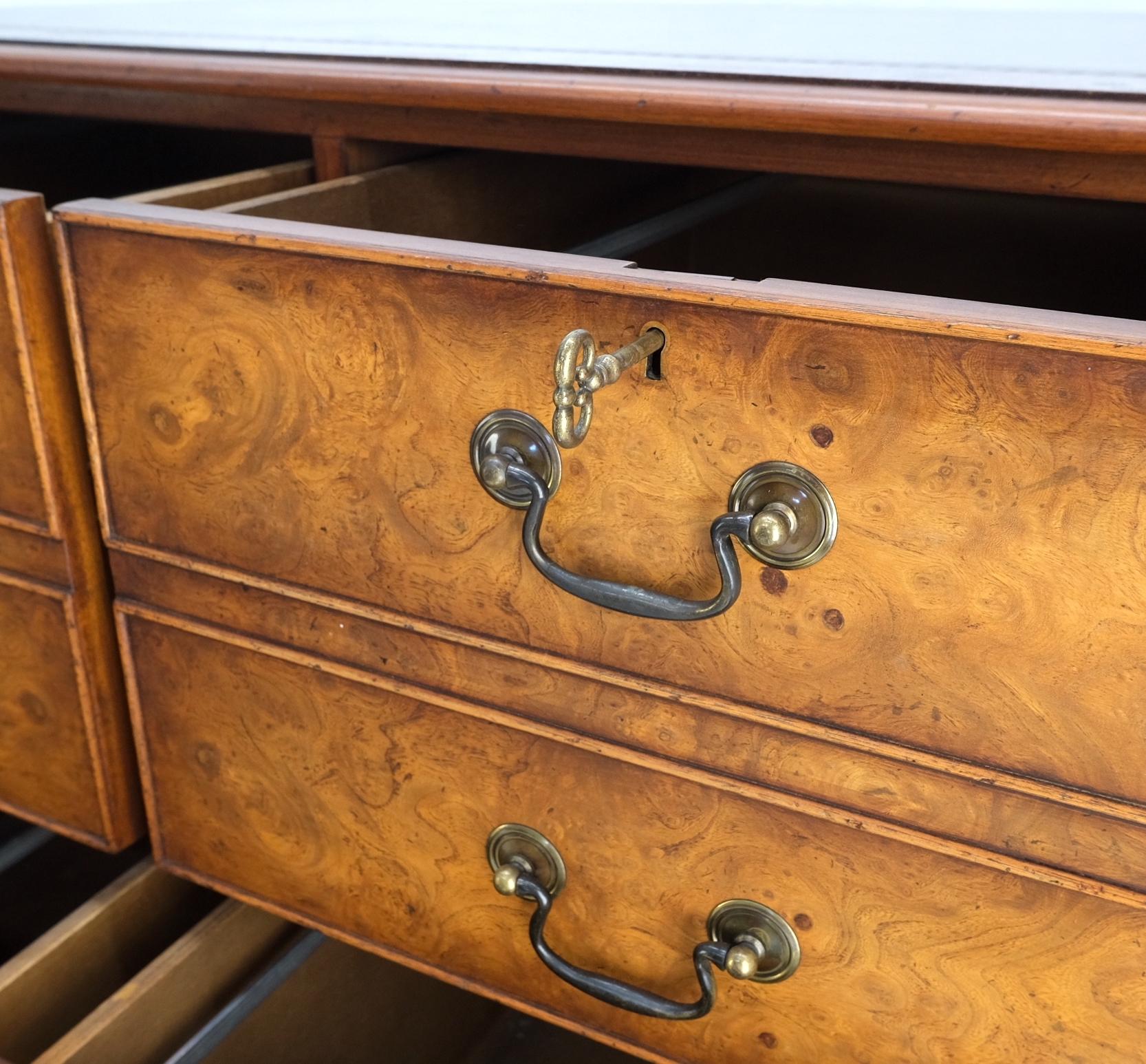 Mid-Century Modern 4 Drawers Embossed Leather Top Burl Wood File Cabinet Credenza w/ Key MINT For Sale