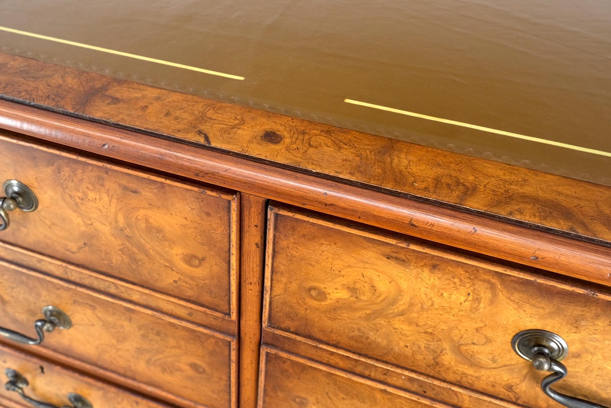 Lacquered 4 Drawers Embossed Leather Top Burl Wood File Cabinet Credenza w/ Key MINT For Sale