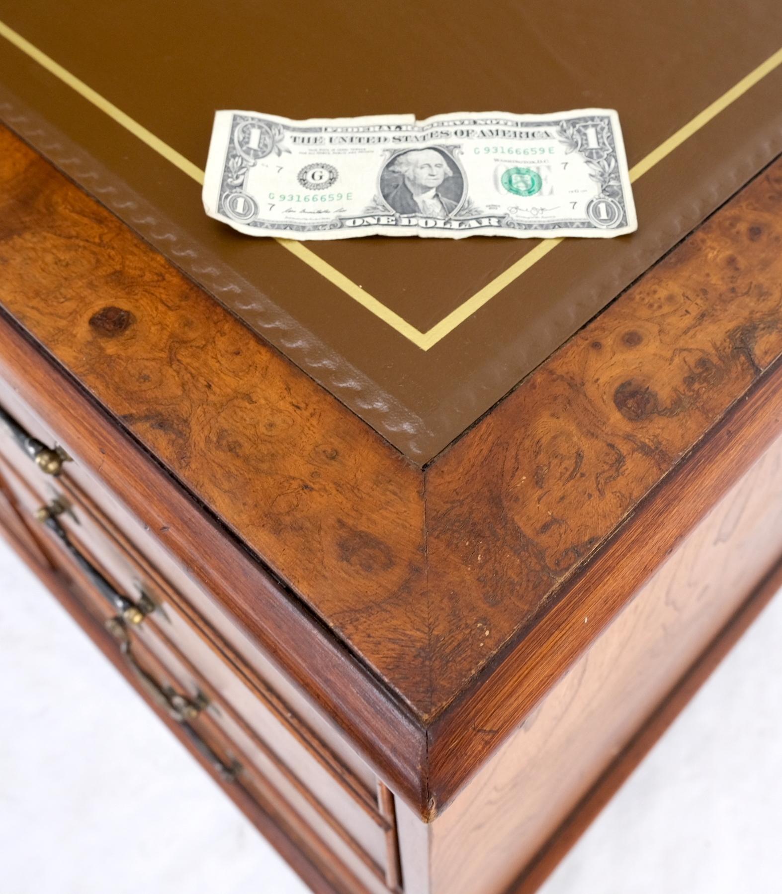 20th Century 4 Drawers Embossed Leather Top Burl Wood File Cabinet Credenza w/ Key MINT For Sale