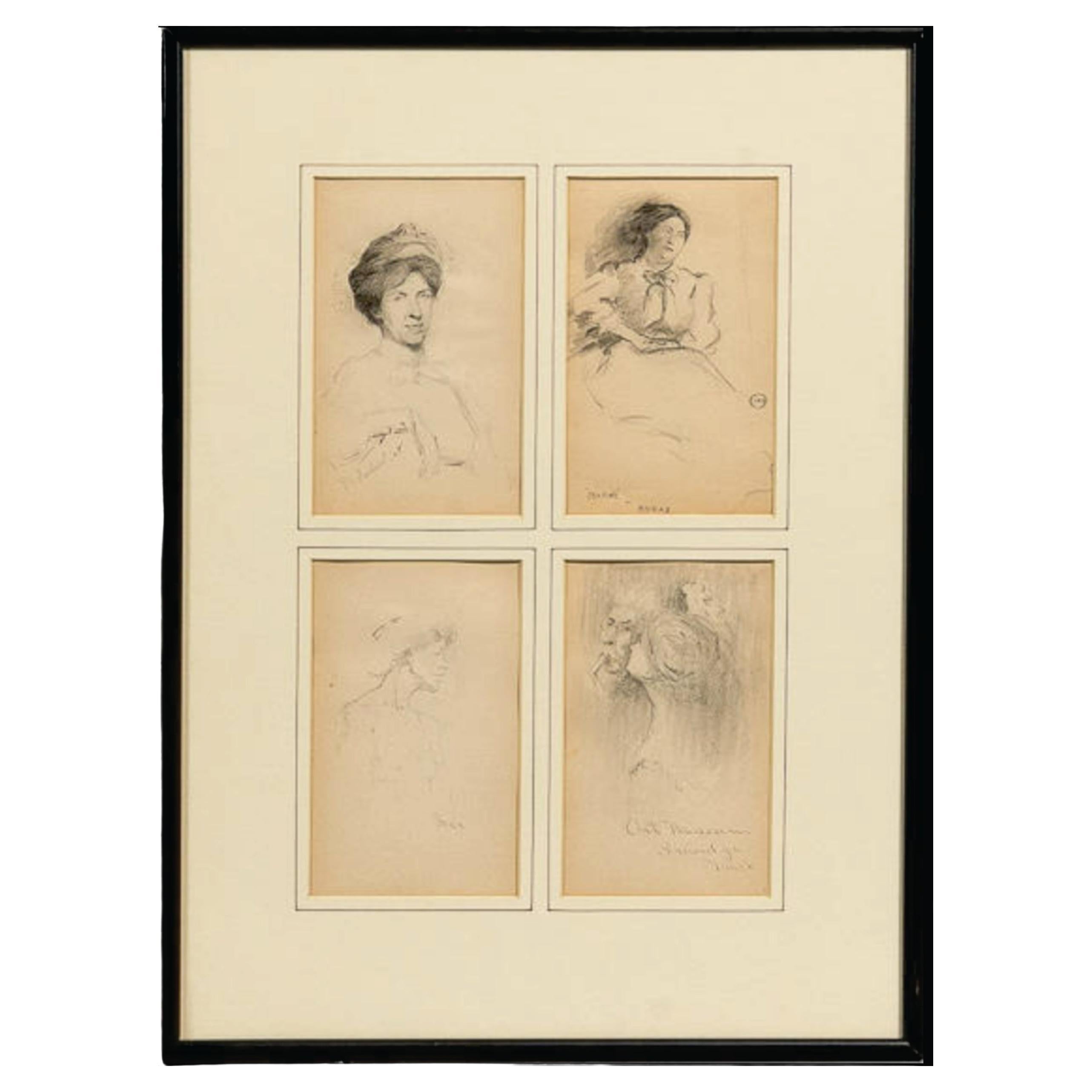 Antico 4 disegni di un artista di Boston, firmato 1908, D1
