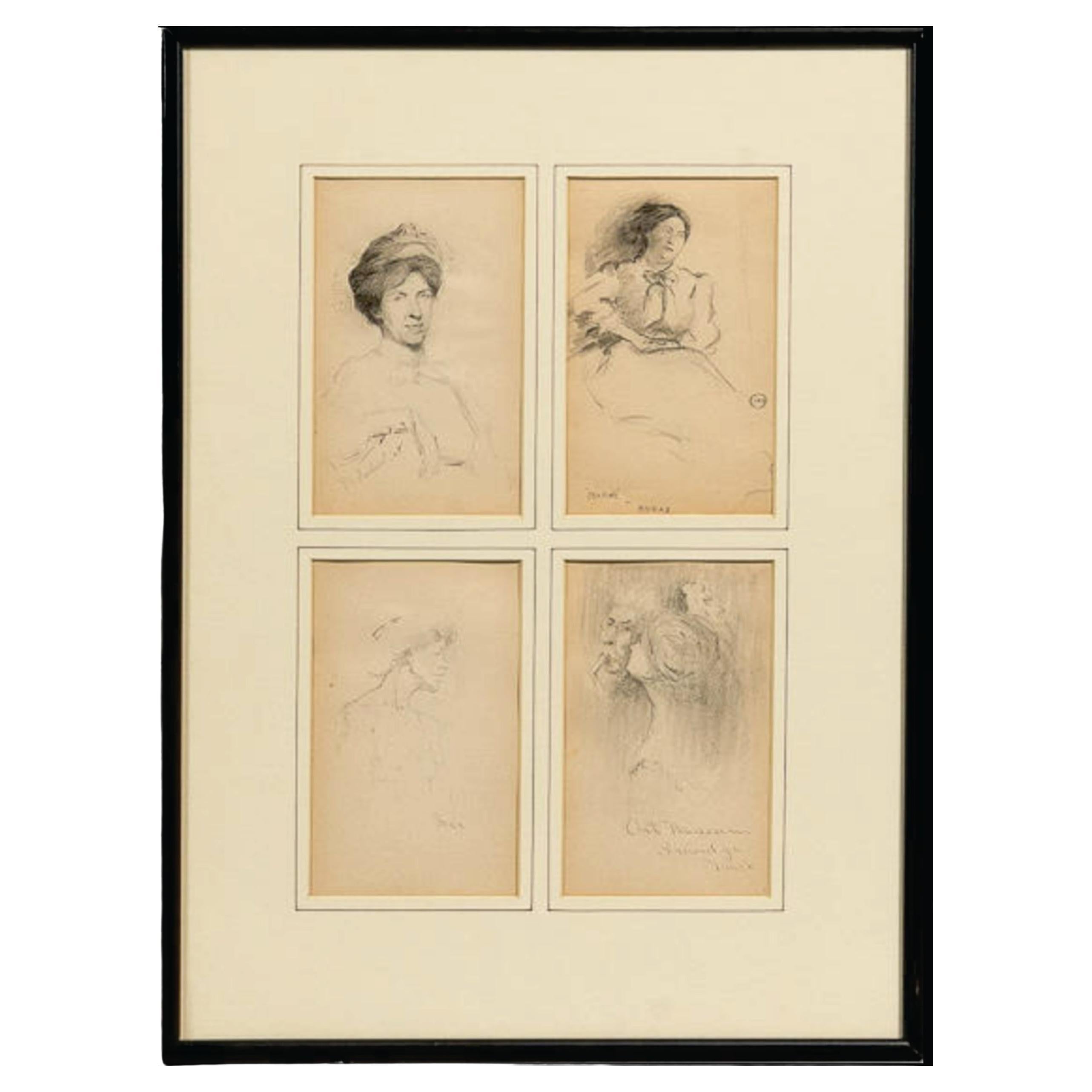 Antique 4 Drawings by a Boston Artist, Signed 1908, D1