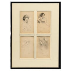 4 dessins anciens d'un artiste de Boston, signés 1908, D1