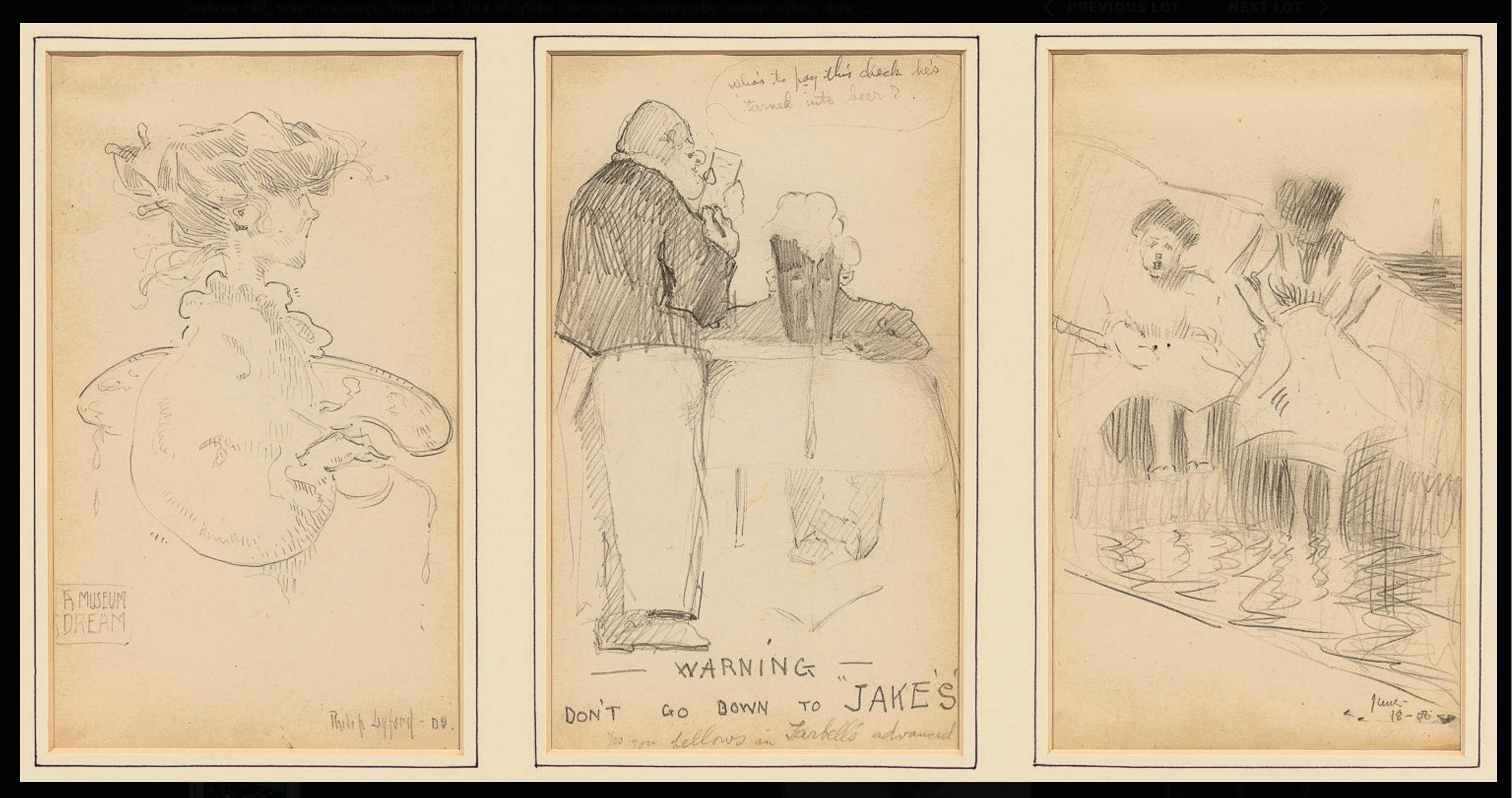3 Disegni di un artista di Boston, firmati, 2 giugno 1908, D2
Tre disegni di figure, ciascuno di 7,75