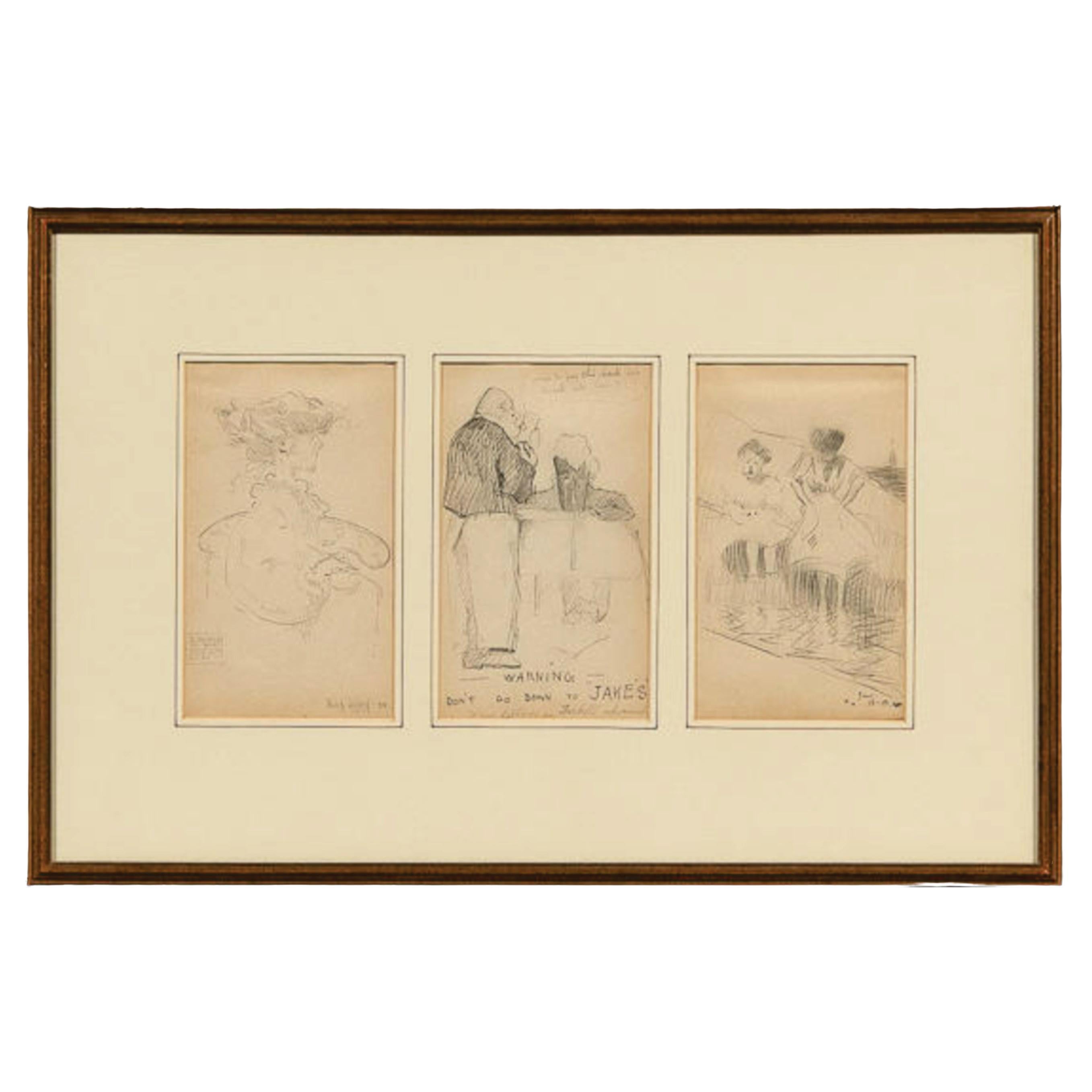 Antique 3 Drawings by a Boston Artist, Signed June 2, 1908, D2 For Sale