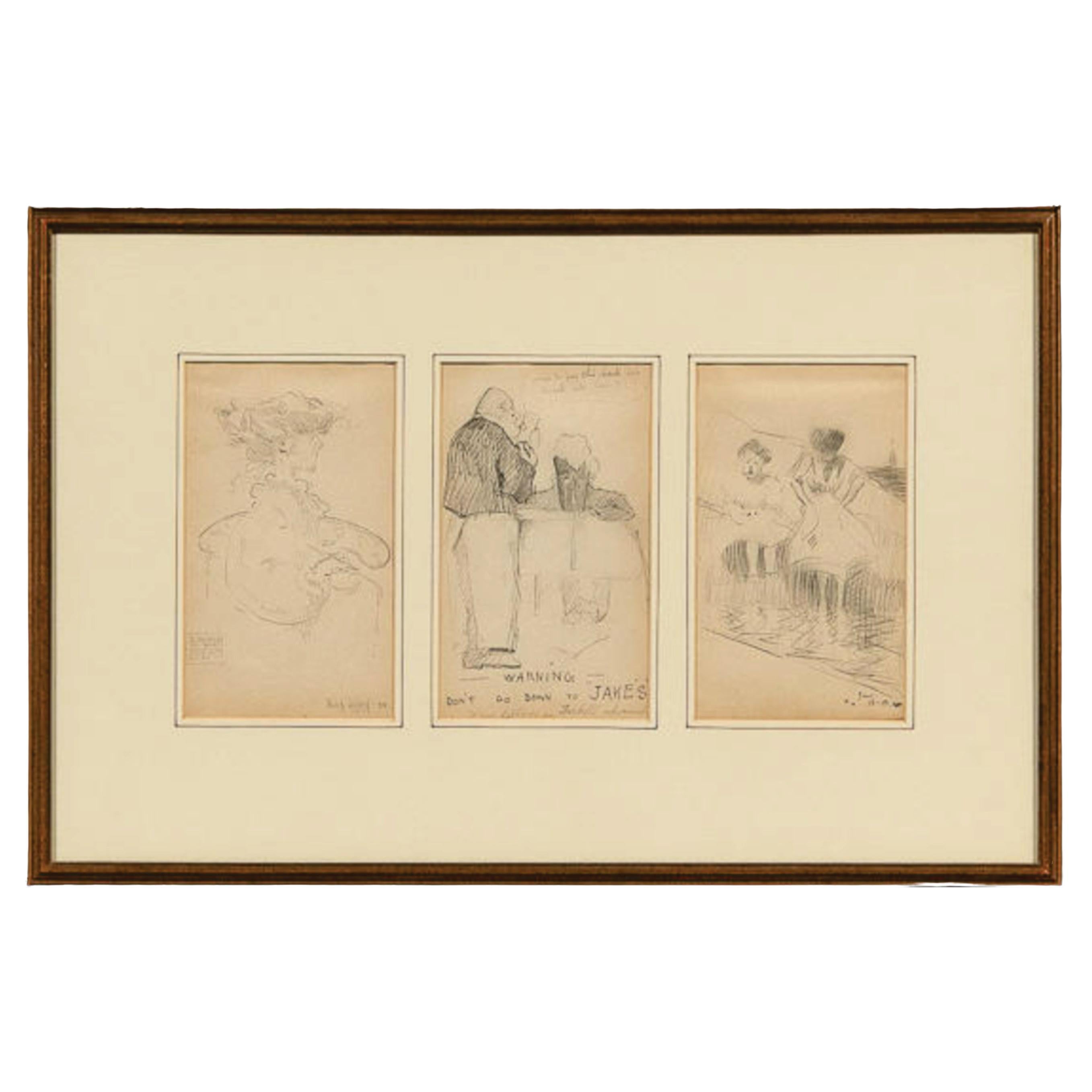 Antico 3 disegni di un artista di Boston, firmato il 2 giugno 1908, D2 in vendita