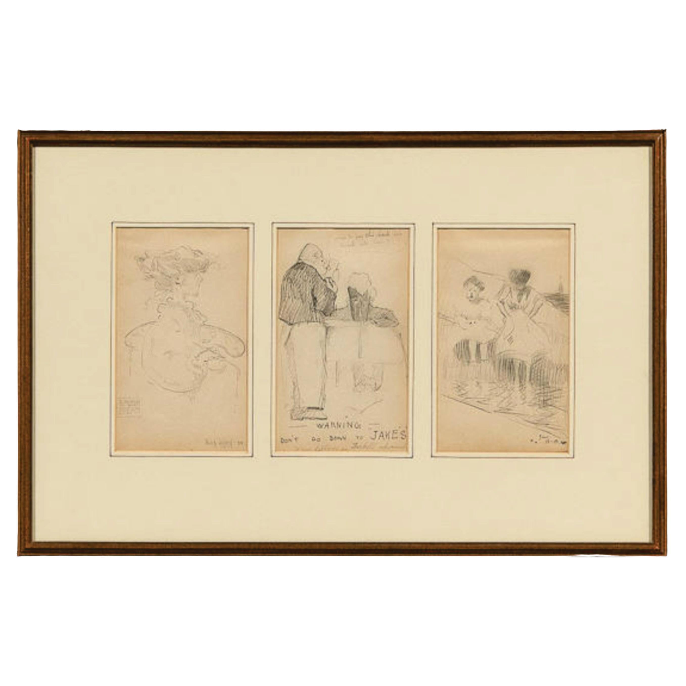 Antique 3 Drawings by a Boston Artist, Signed June 2, 1908, D2