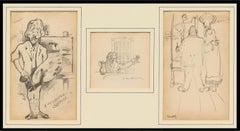 Antico 3 disegni di un artista di Boston, firmato all'inizio del XX secolo, D3
