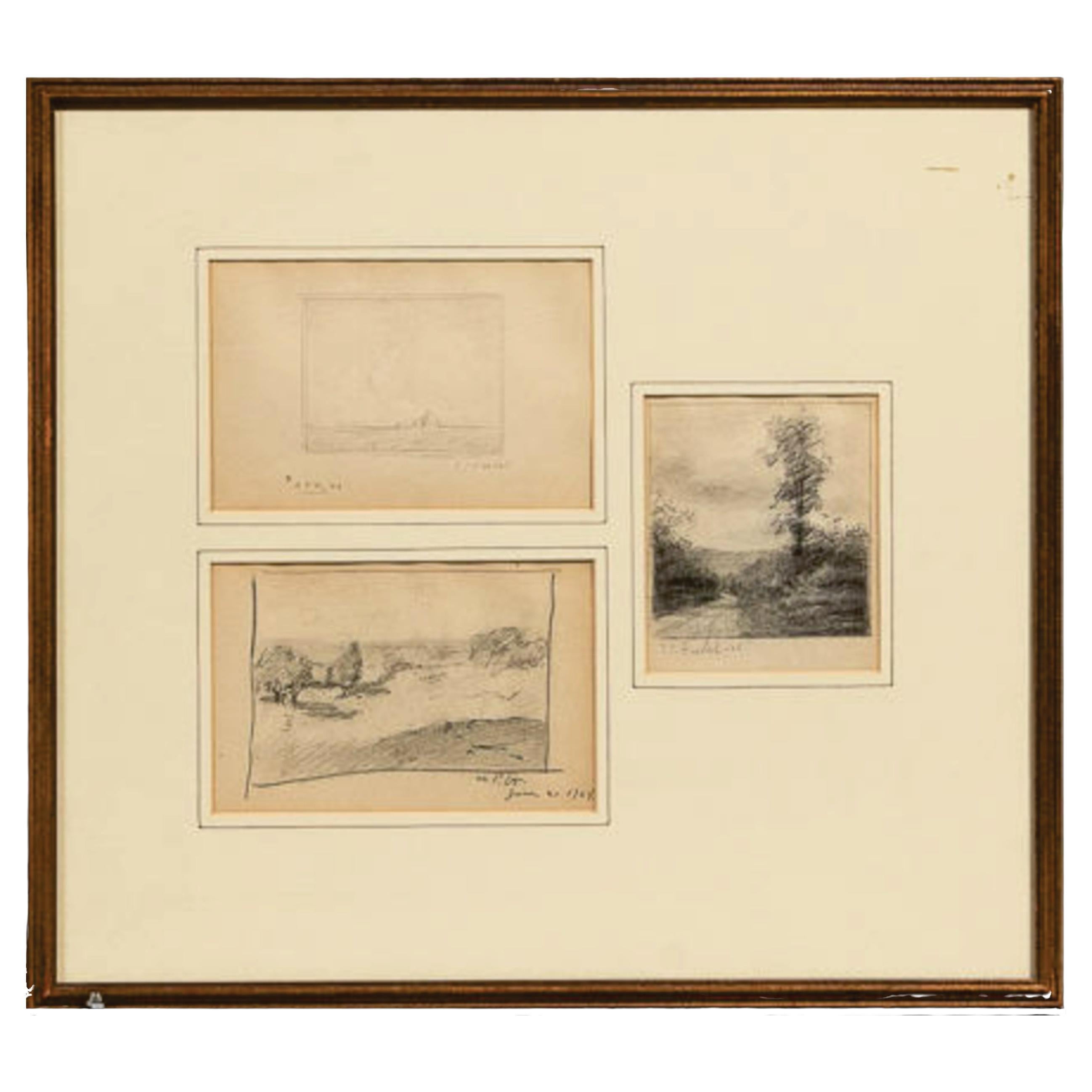 Antico 3 disegni di un artista di Boston, firmato il 21 giugno 1908, D4