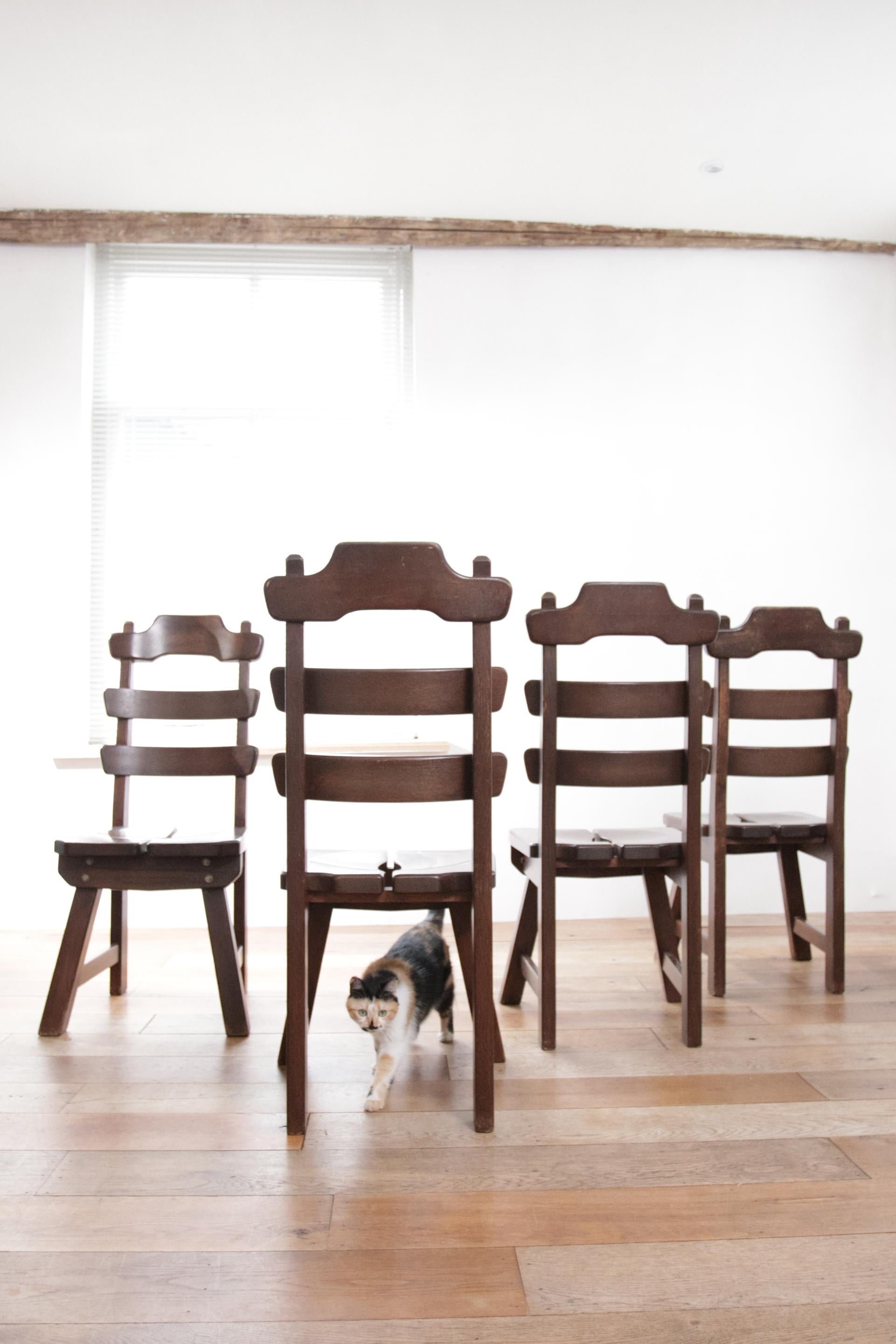 4 Dutch Brutalist Oak Ladderback Dining Wabi Sabi Room Chairs In Good Condition For Sale In Boven Leeuwen, NL