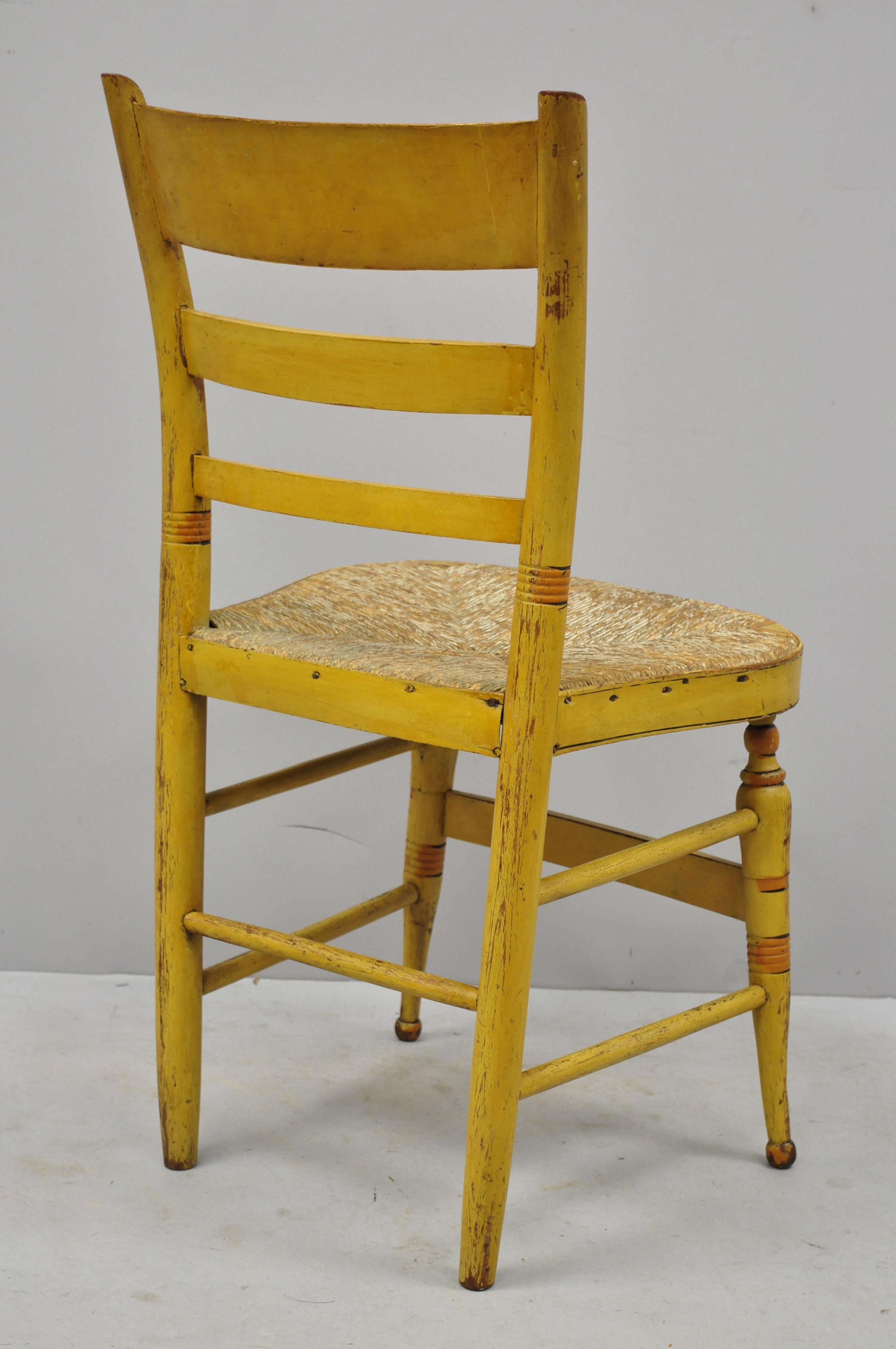4 19th Century Bentwood Slat Back Rush Seat Yellow Paint Stenciled Dining Chairs 2