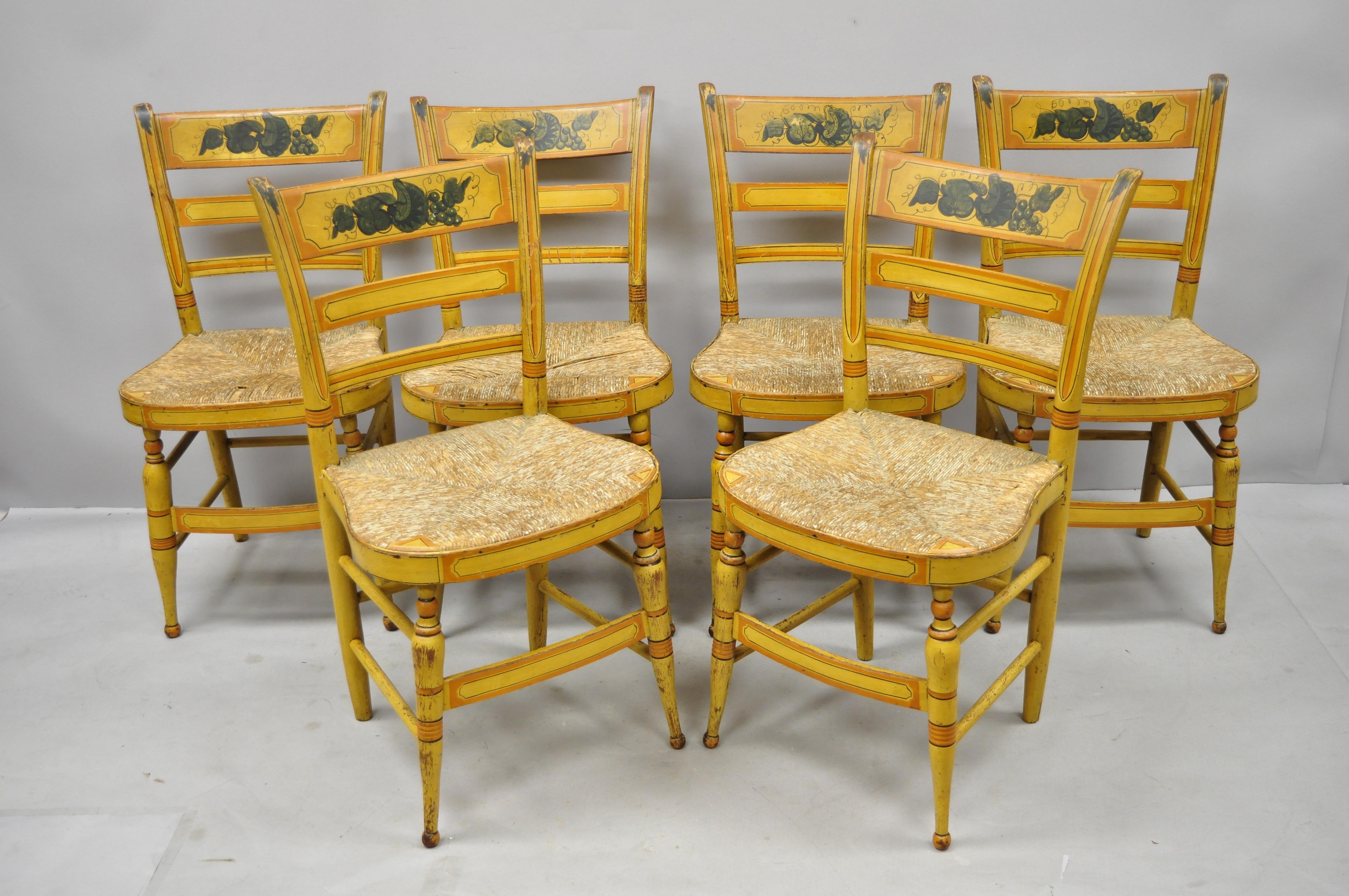4 19th Century Bentwood Slat Back Rush Seat Yellow Paint Stenciled Dining Chairs 3