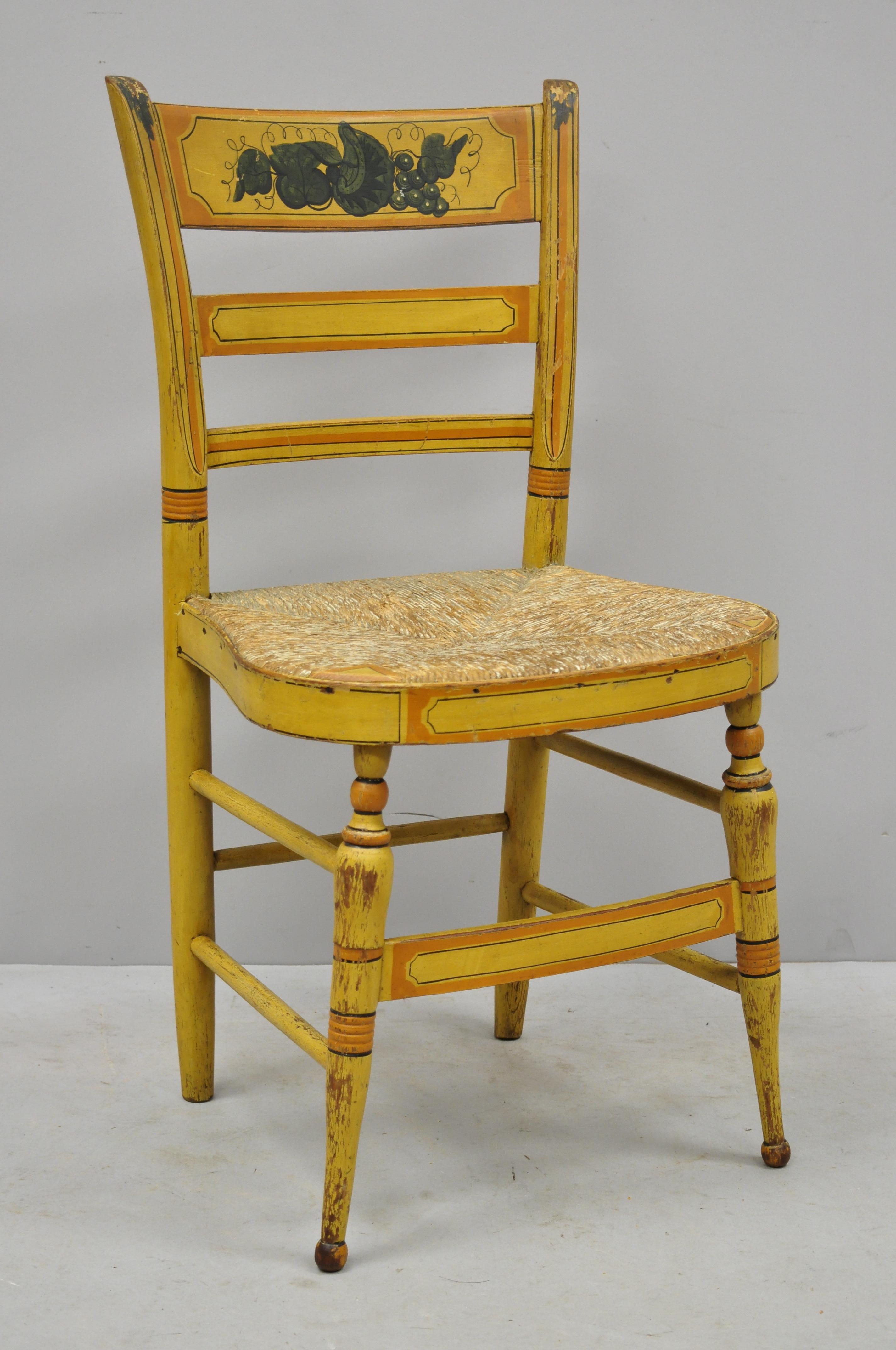 4 19th Century Bentwood Slat Back Rush Seat Yellow Paint Stenciled Dining Chairs 4