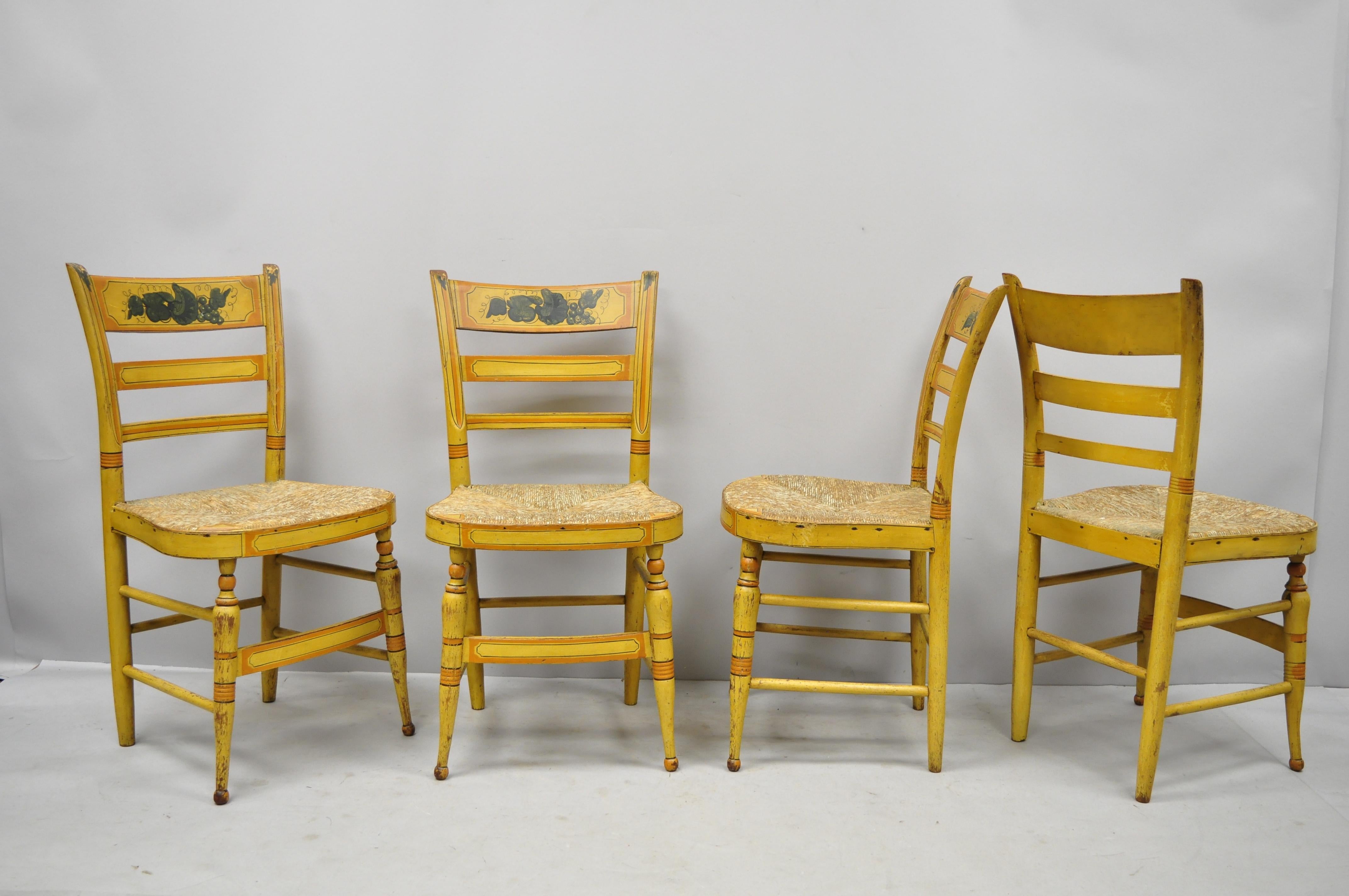 4 early 19th century bentwood slat back rush seat yellow paint stenciled dining chairs. Listing includes oven rush seats, hand painted frames, green, yellow and, orange finish, solid wood frame, nicely carved details, very nice antique item, quality