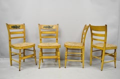 4 19th Century Bentwood Slat Back Rush Seat Yellow Paint Stenciled Dining Chairs