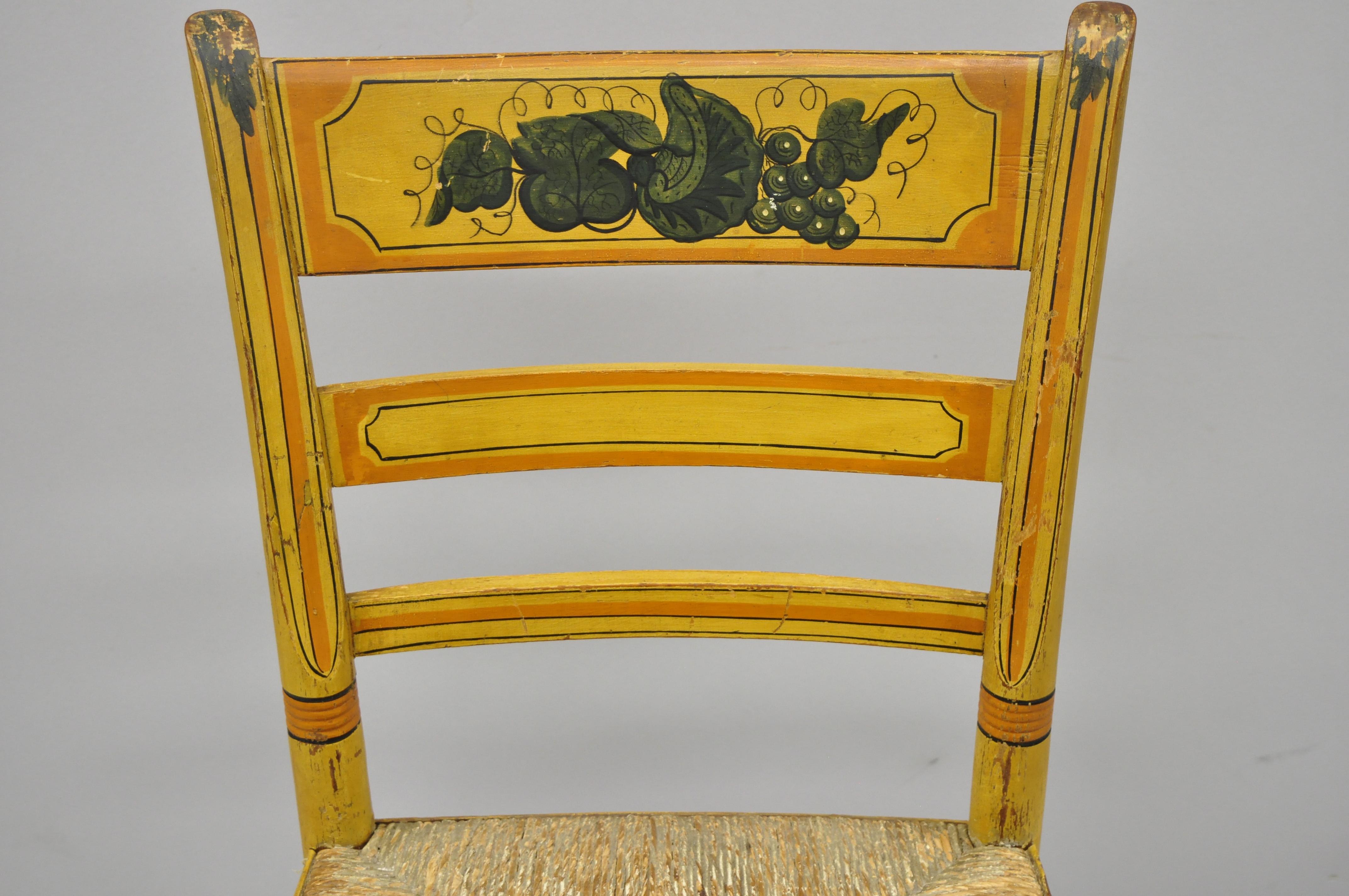 Rustic 4 19th Century Bentwood Slat Back Rush Seat Yellow Paint Stenciled Dining Chairs