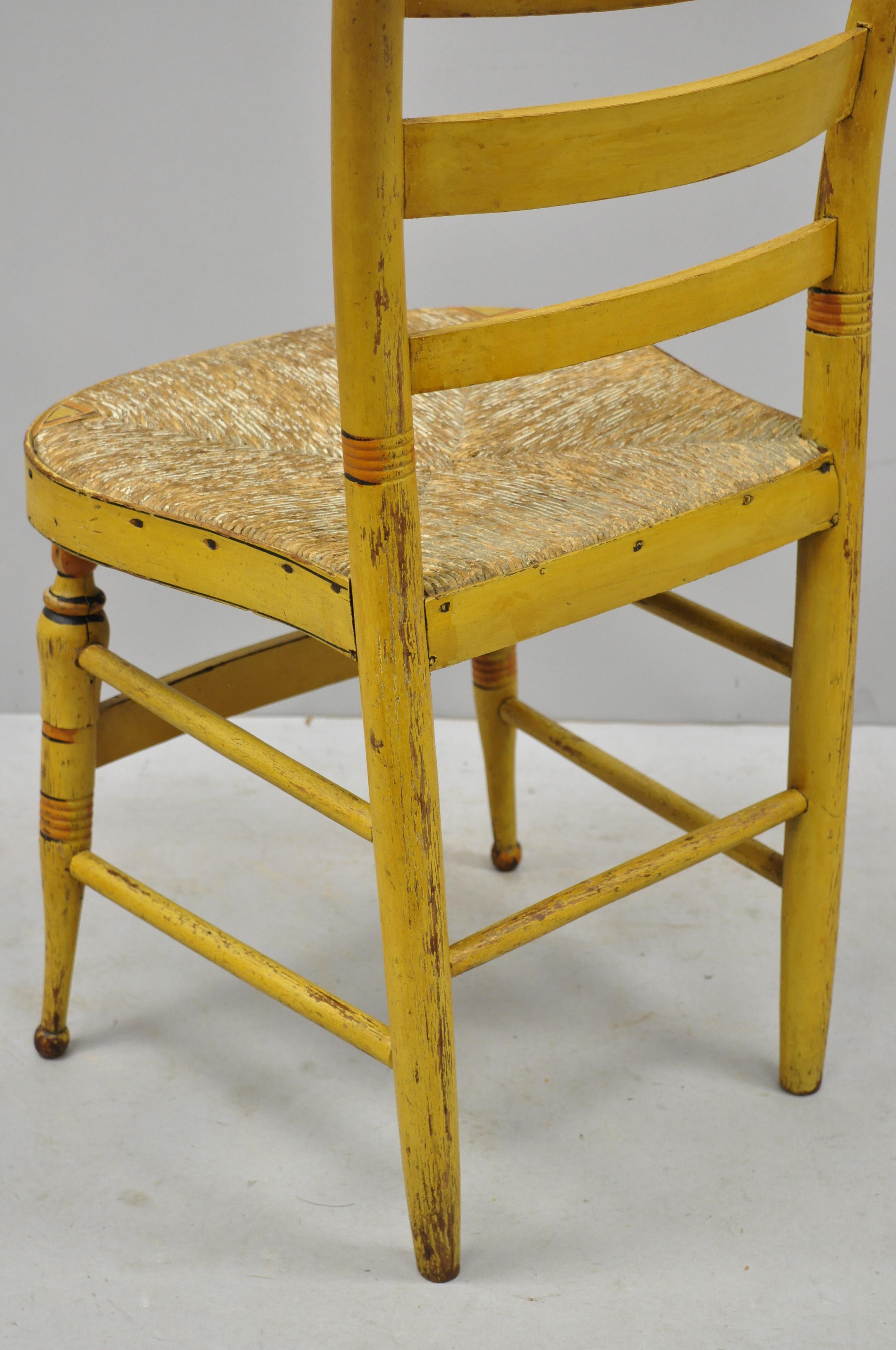 4 19th Century Bentwood Slat Back Rush Seat Yellow Paint Stenciled Dining Chairs In Good Condition In Philadelphia, PA