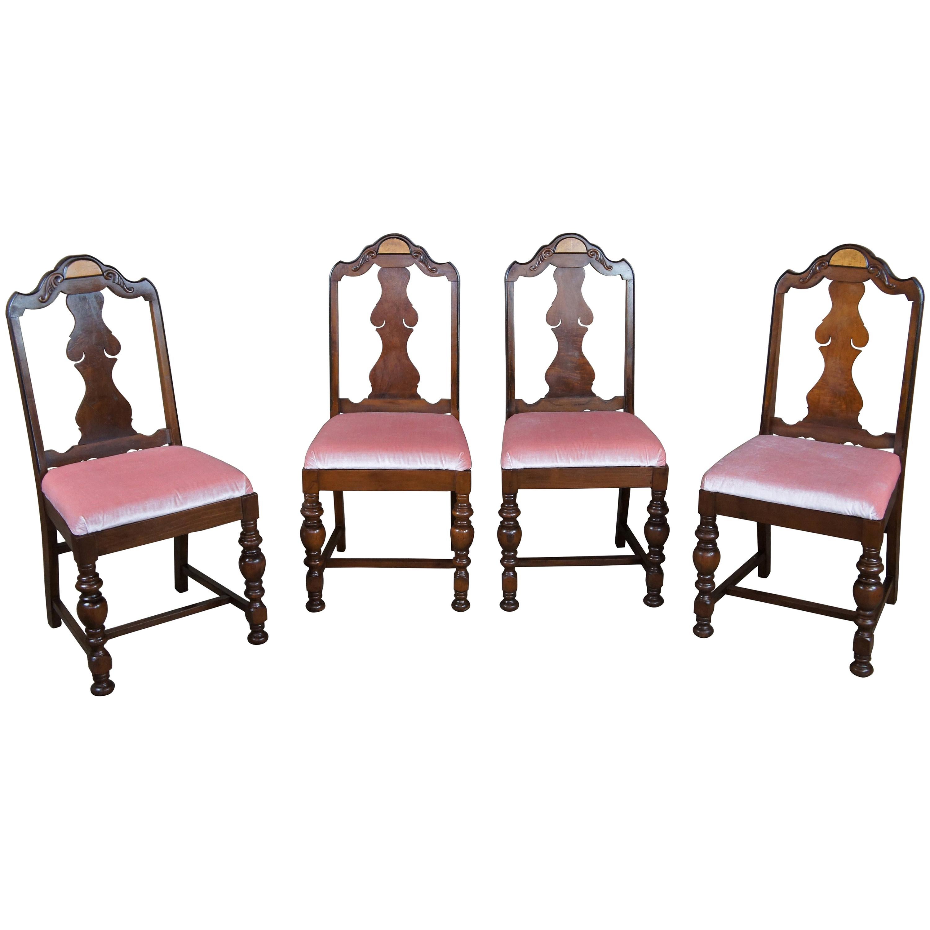 4 Early 20th Century Antique Jacobean Revival Burled Walnut Dining Side Chairs