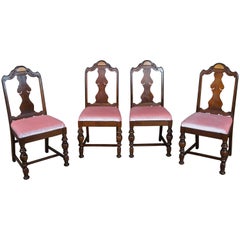 4 Early 20th Century Antique Jacobean Revival Burled Walnut Dining Side Chairs