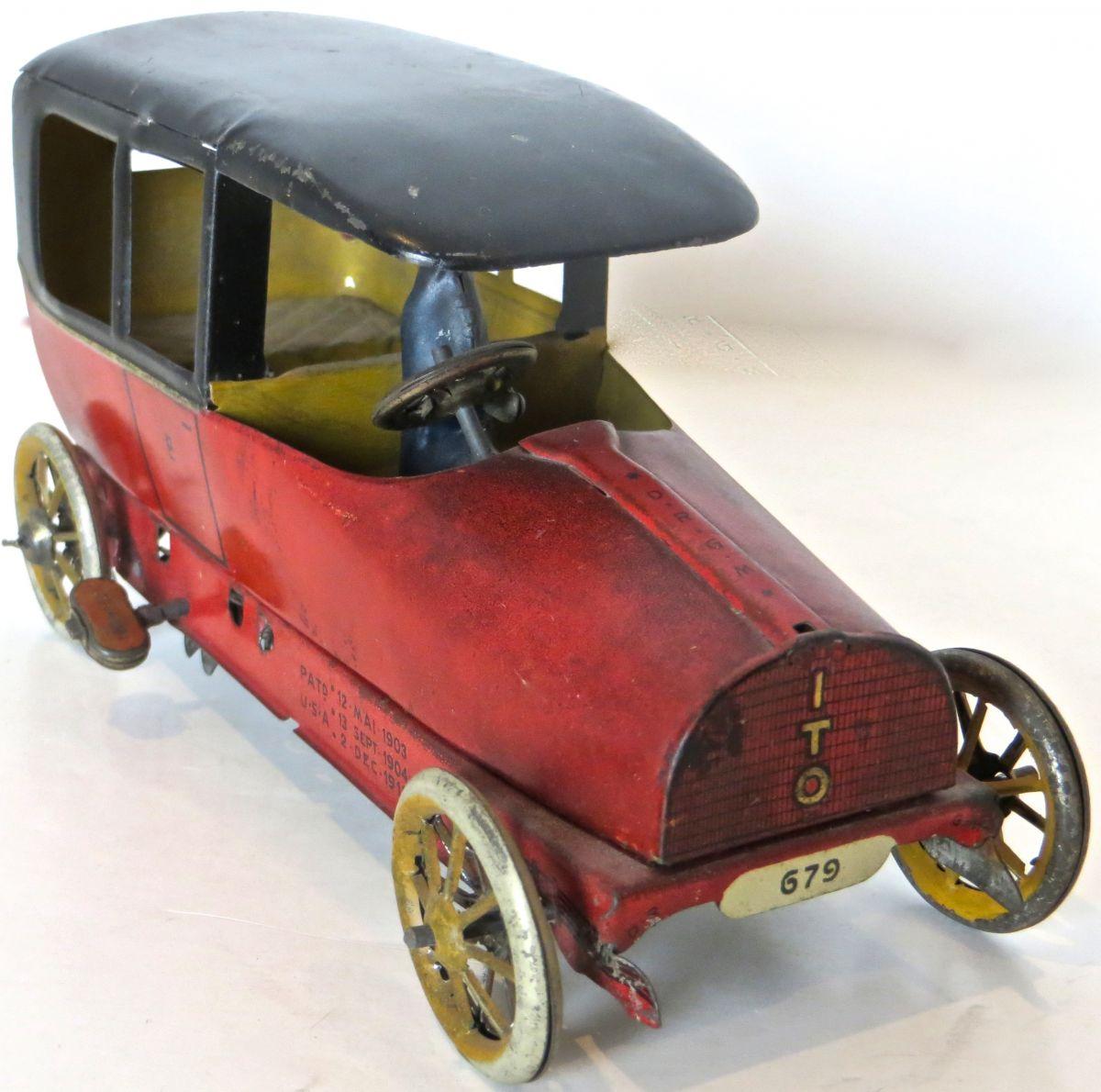 (4) Early Vintage All Original Toy Cars. Porsche, Limo, Lehman Sedan, Race Car For Sale 9