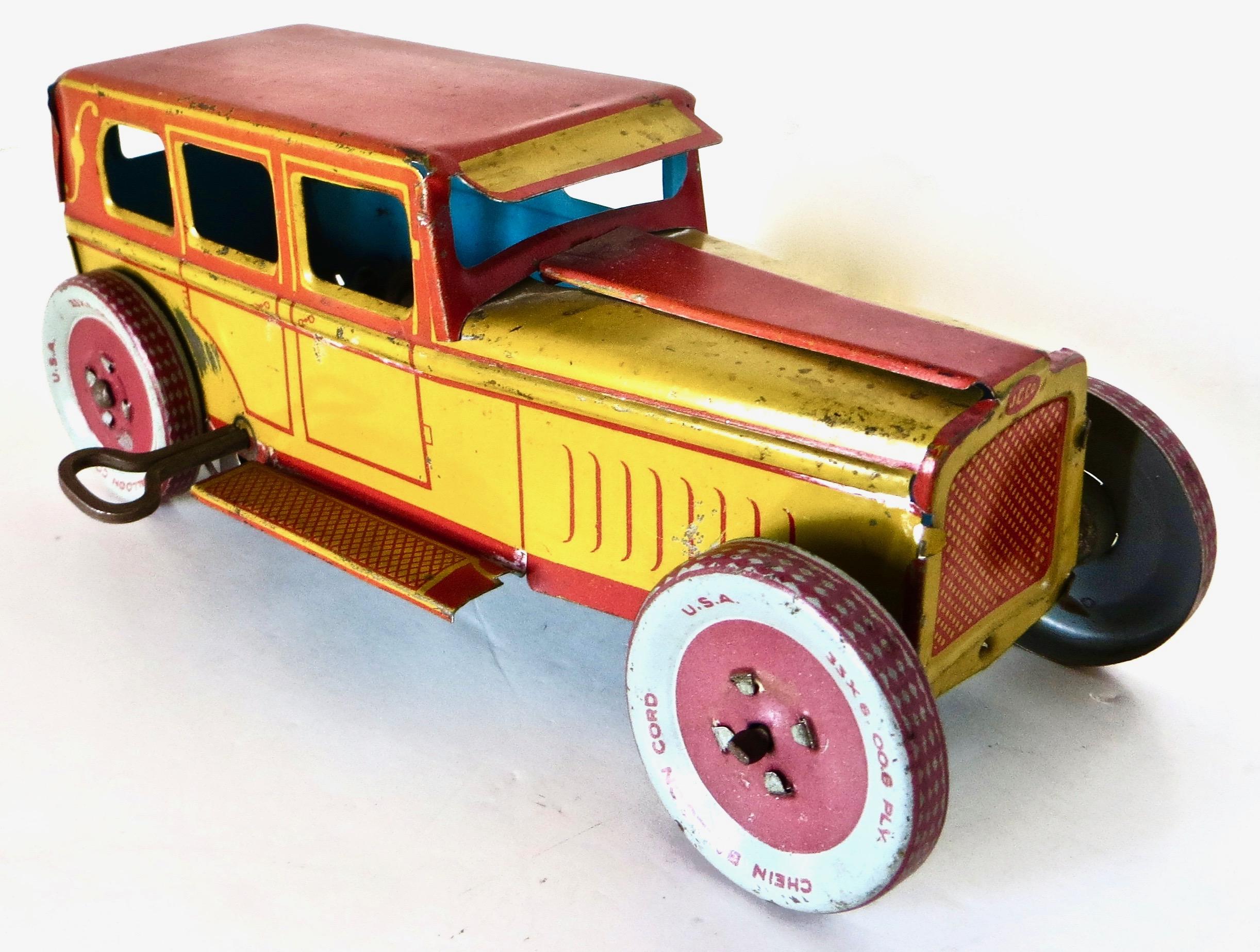 All four toys cars are being sold for one price; as a lot. Please see descriptions below. Videos available on request (they display operation).

1)  Early Vintage Chein Company All Tin Toy Wind-Up Limousine, American, Circa 1930

This is one of the