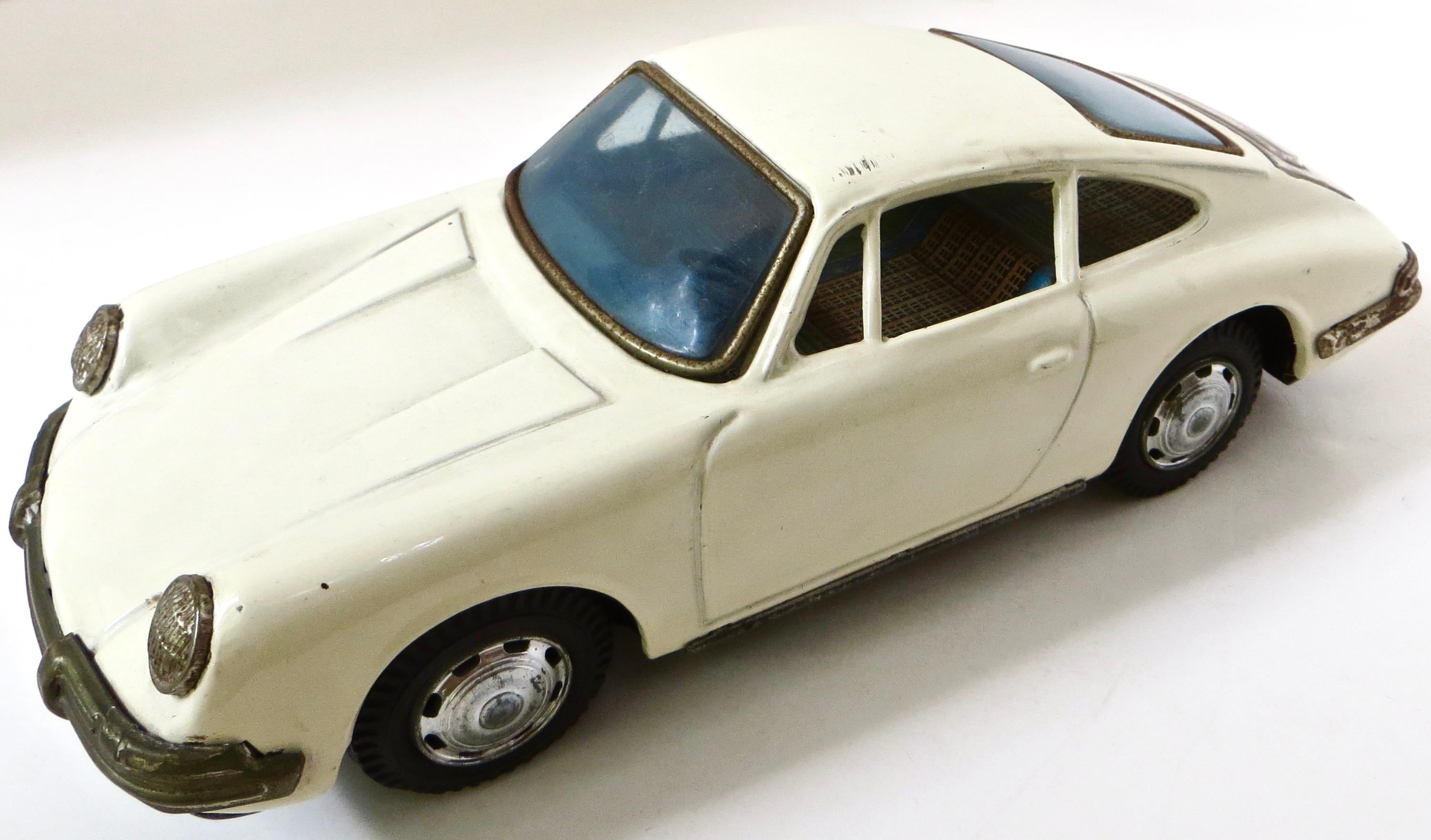 Metalwork (4) Early Vintage All Original Toy Cars. Porsche, Limo, Lehman Sedan, Race Car For Sale