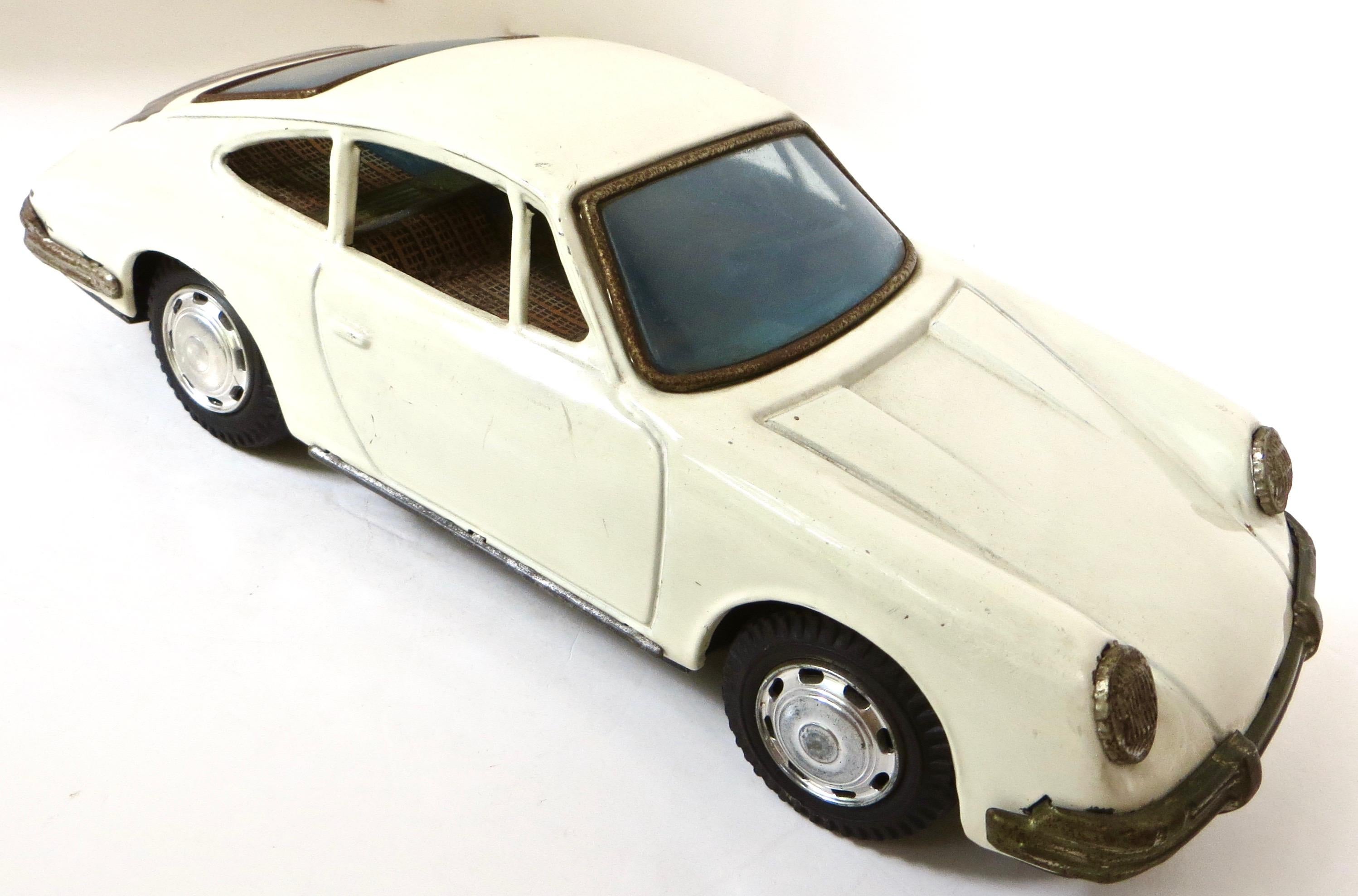 Tin (4) Early Vintage All Original Toy Cars. Porsche, Limo, Lehman Sedan, Race Car For Sale