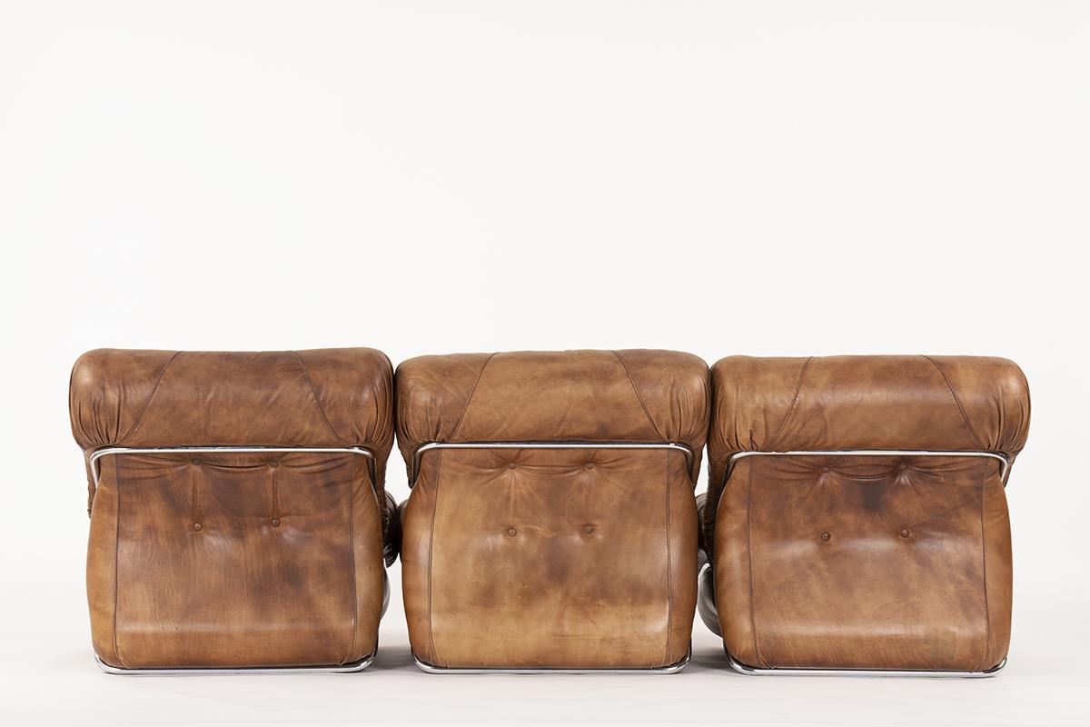 French 4 Elements Brown Leather Sofa by Corolla, 1970