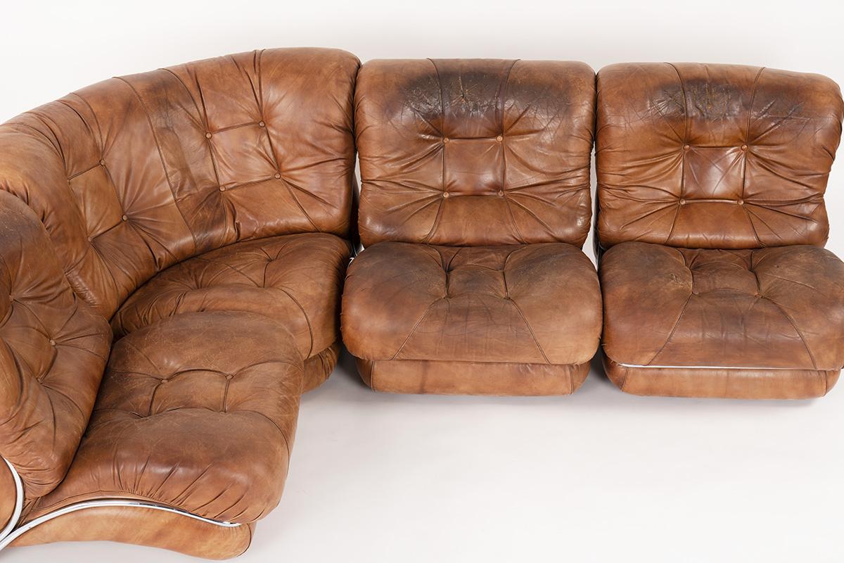 4 Elements Brown Leather Sofa by Corolla, 1970 In Distressed Condition In JASSANS-RIOTTIER, FR