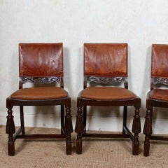 4 English Carved Oak Leather Dining Chairs Antique